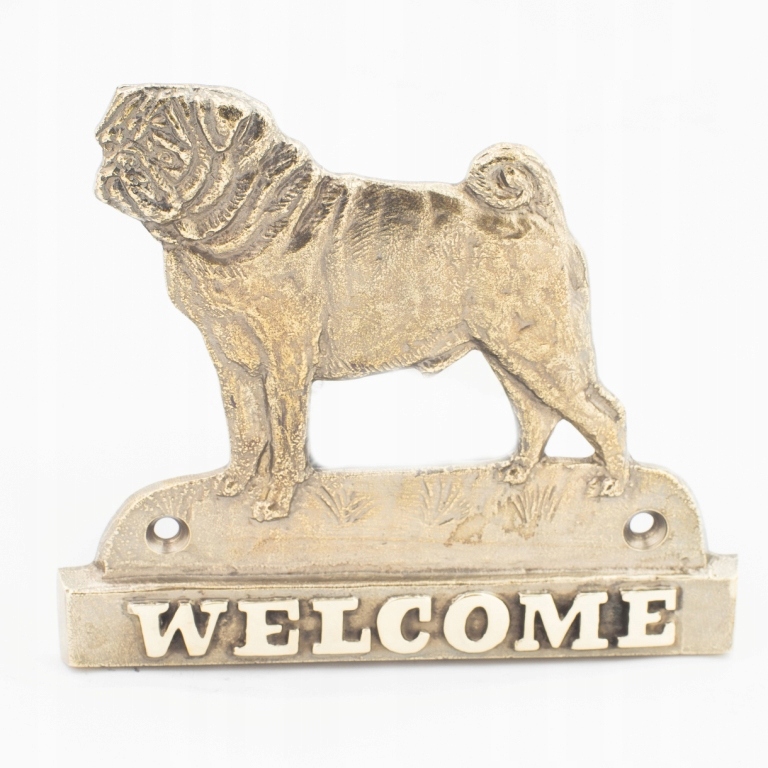 Mops, Pug mosadzná tabuľa na dvere so psom, štítok Welcome