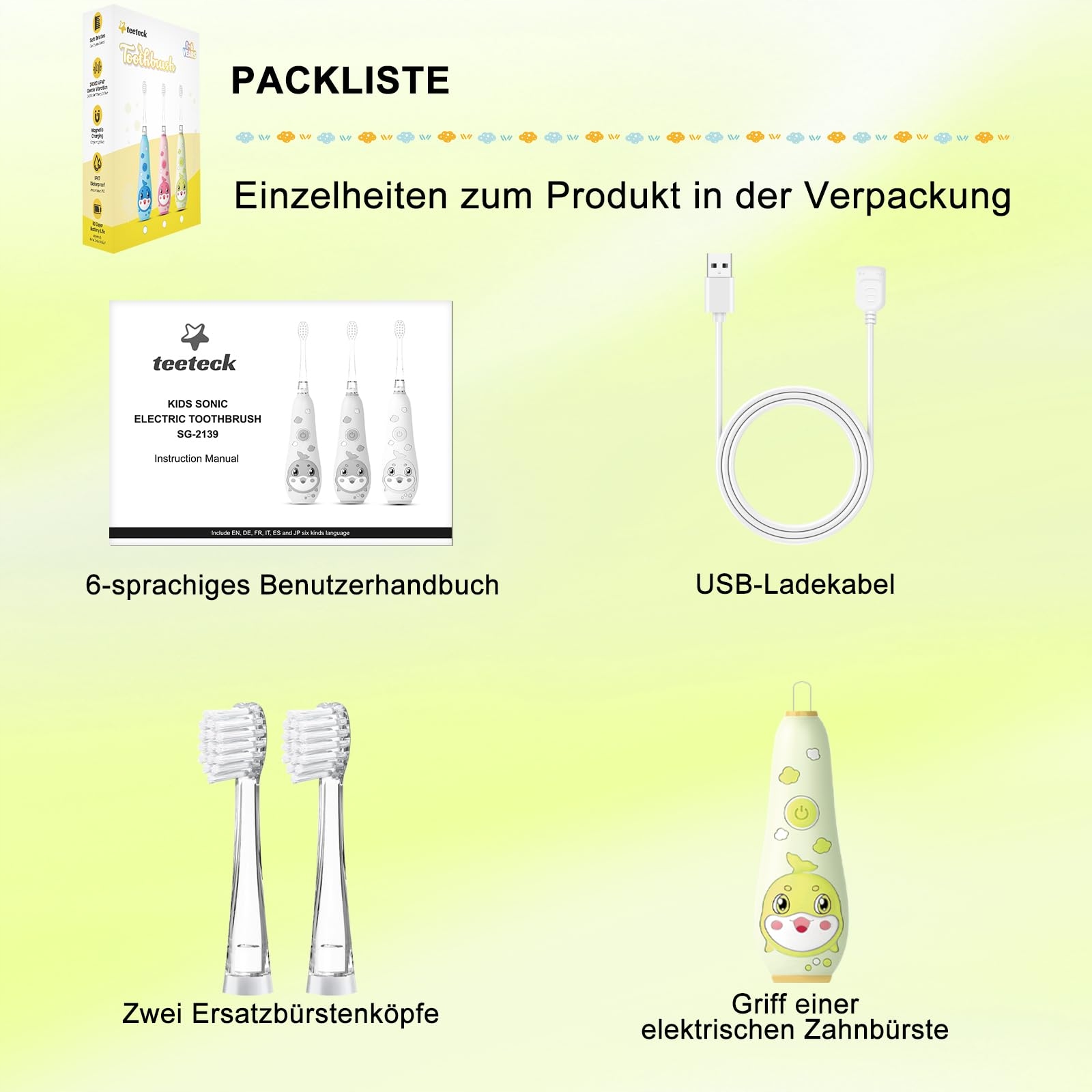 TEETECK Elektryczna Szczoteczka Dla Dzieci LED USB IPX7 2 Główki — miniatura 6