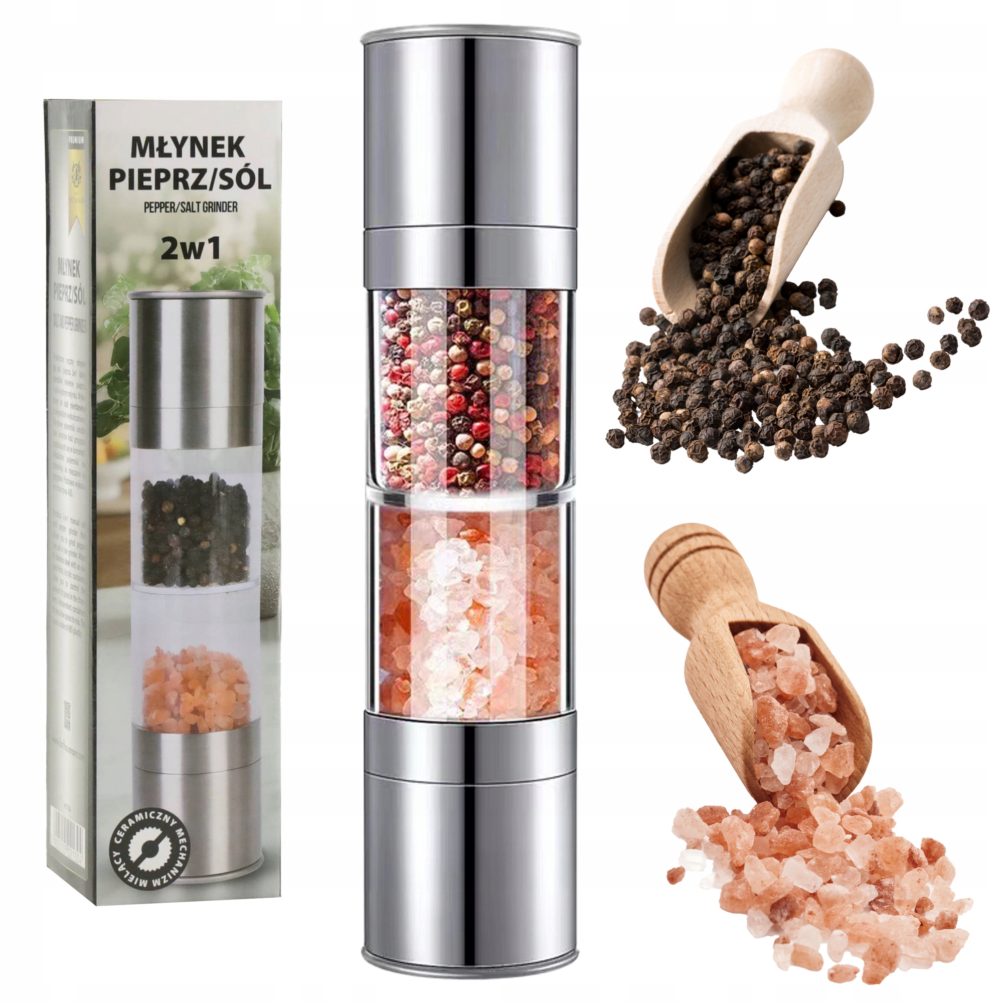 MŁYNEK do PIEPRZU i SOLI RĘCZNY STALOWY 2w1 RĘCZNY MŁYNEK do SOLI i PIEPRZU