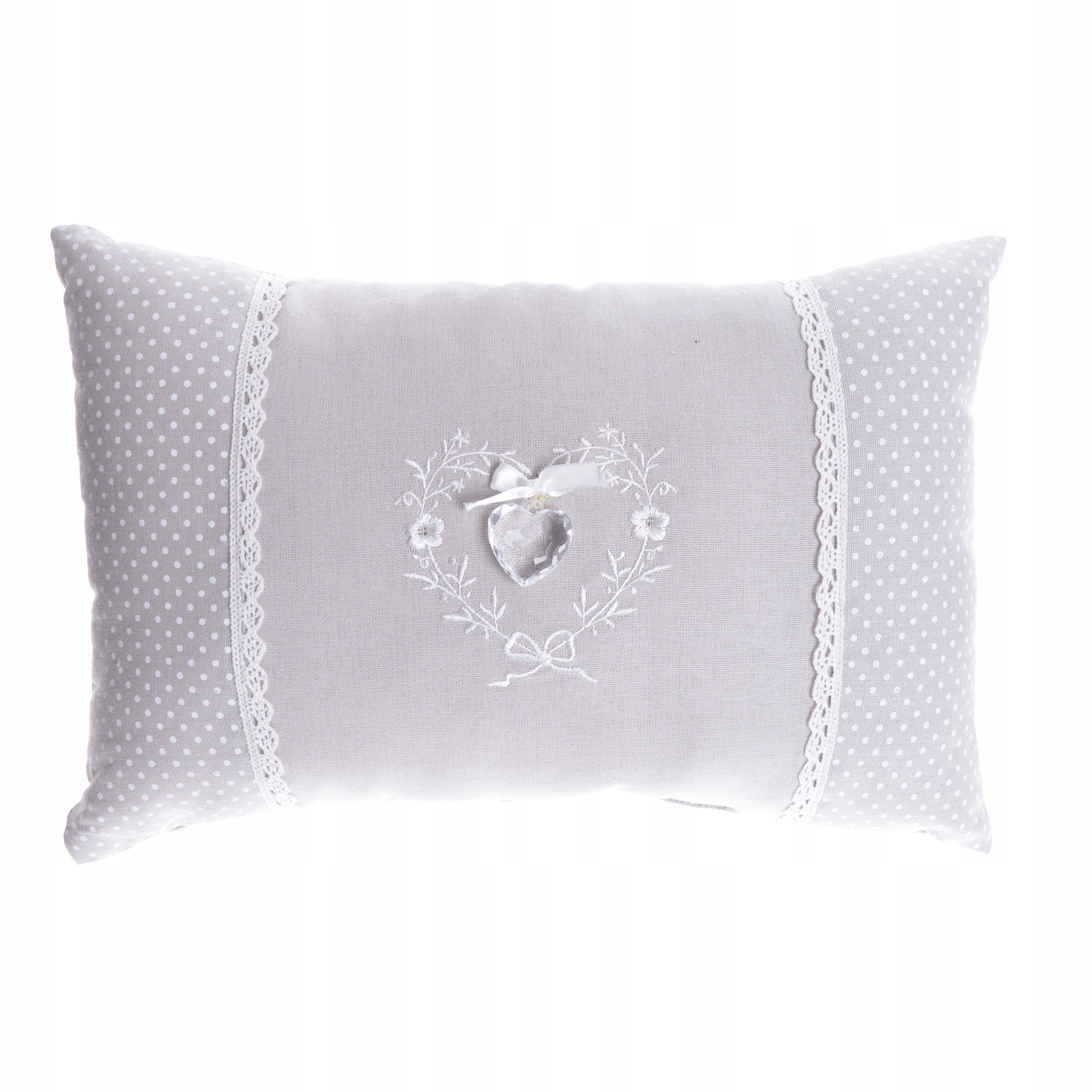 

Poduszka szara z sercem i koronką 35x23cm
