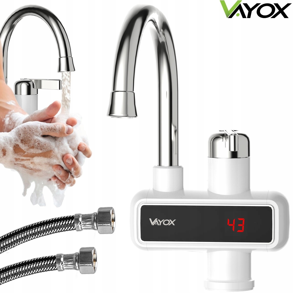 Przepływowy Podgrzewacz Wody Elektryczny Kran Bateria LCD 3000W Vayox