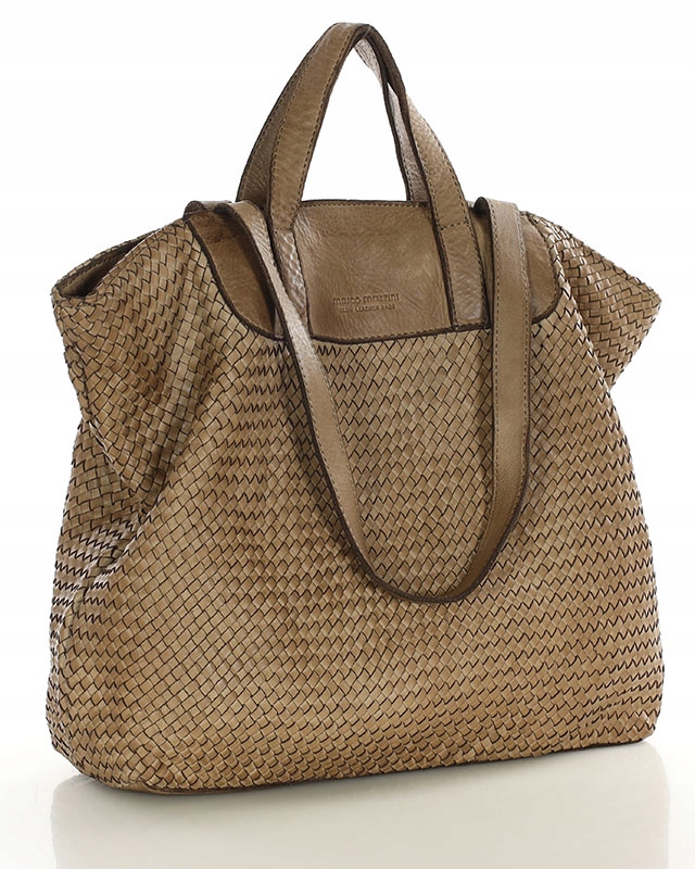 Torebka damska skórzana na ramię shopper pleciona duża beż taupe A4 Mazzini