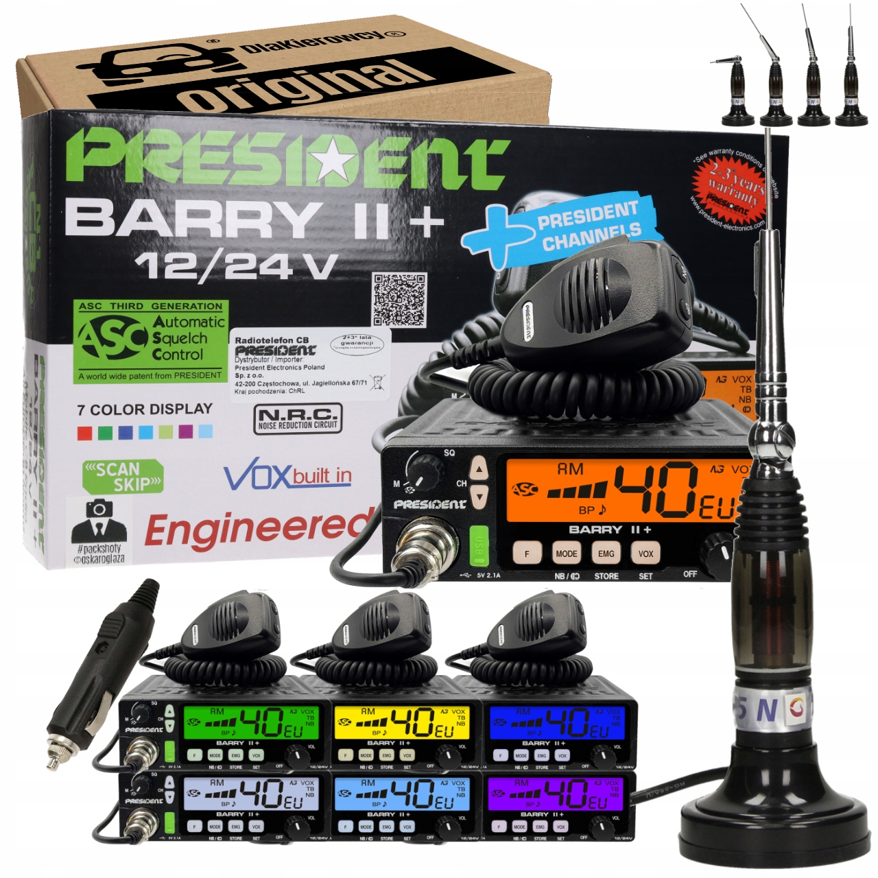 Zestaw Cb radio President Barry II 12/24V Antena magnes magnetyczna A3K A1G