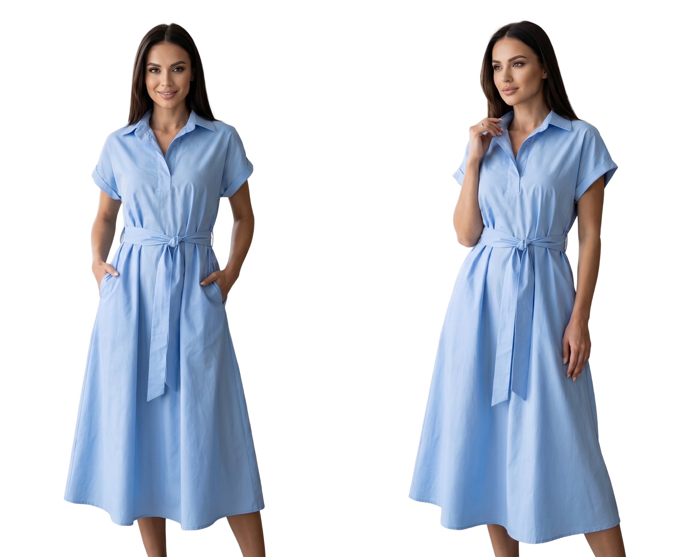 Sukienka Koszulowa Maxi Długa Zwiewna Pasek Kieszenie Niebieska