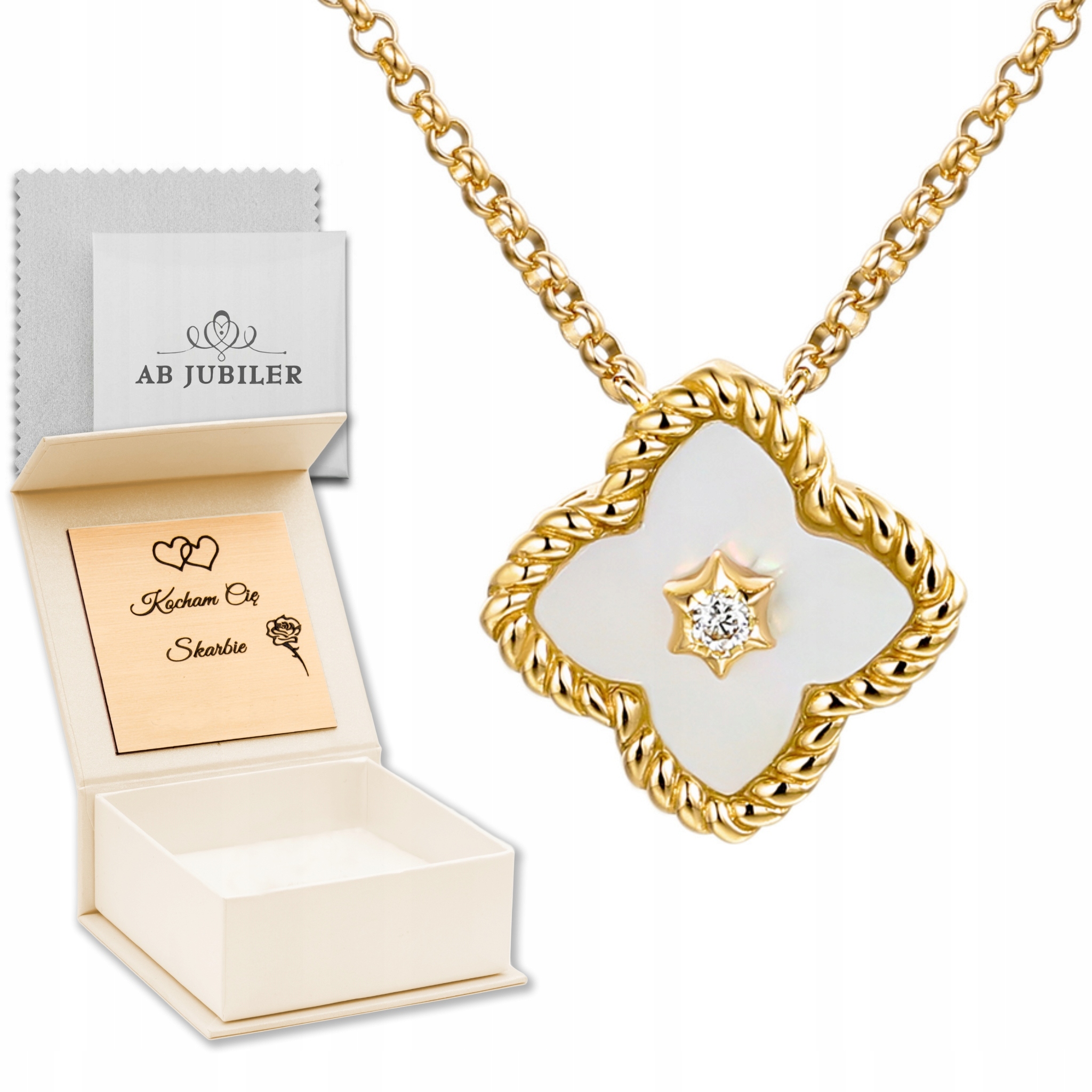 Zlatý náhrdelník 585 Perlová hmota Diamant Čtyřlístek Módní Elegantní Dárek