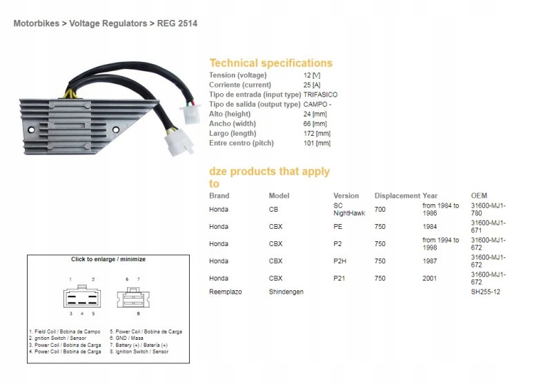 Dze Regulátor Napätia Honda CBX750F 84-86, CB700SC Nighthawk 84-86 (31600-MJ-671)