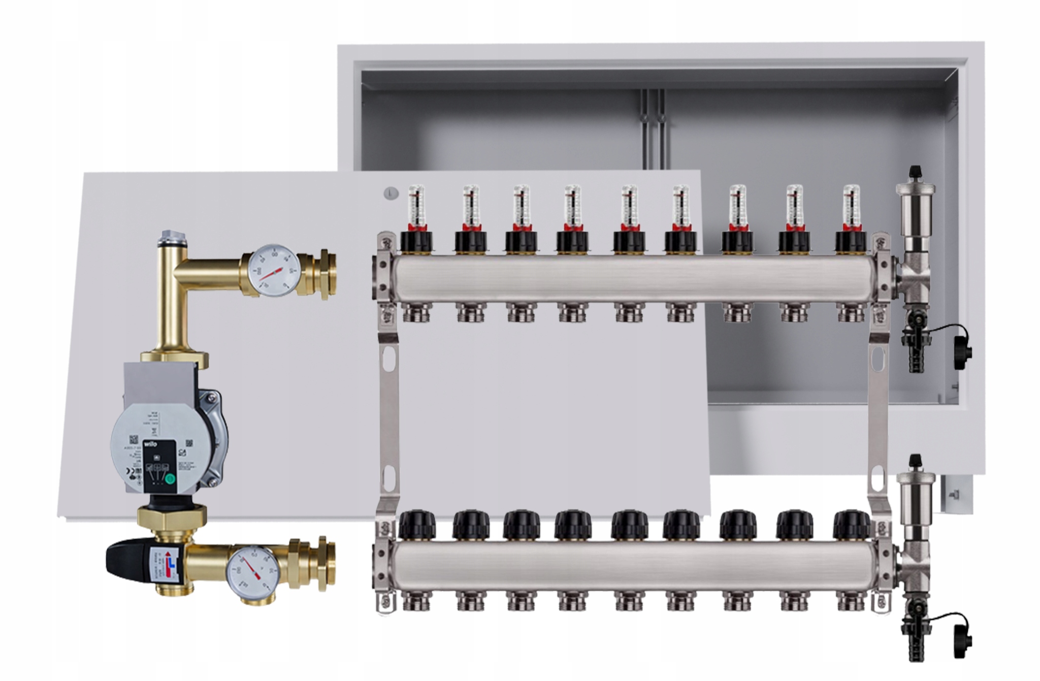 Nerezový rozdělovač pro podlahovku 9 s podomítkovou schránkou Pumpa Wilo