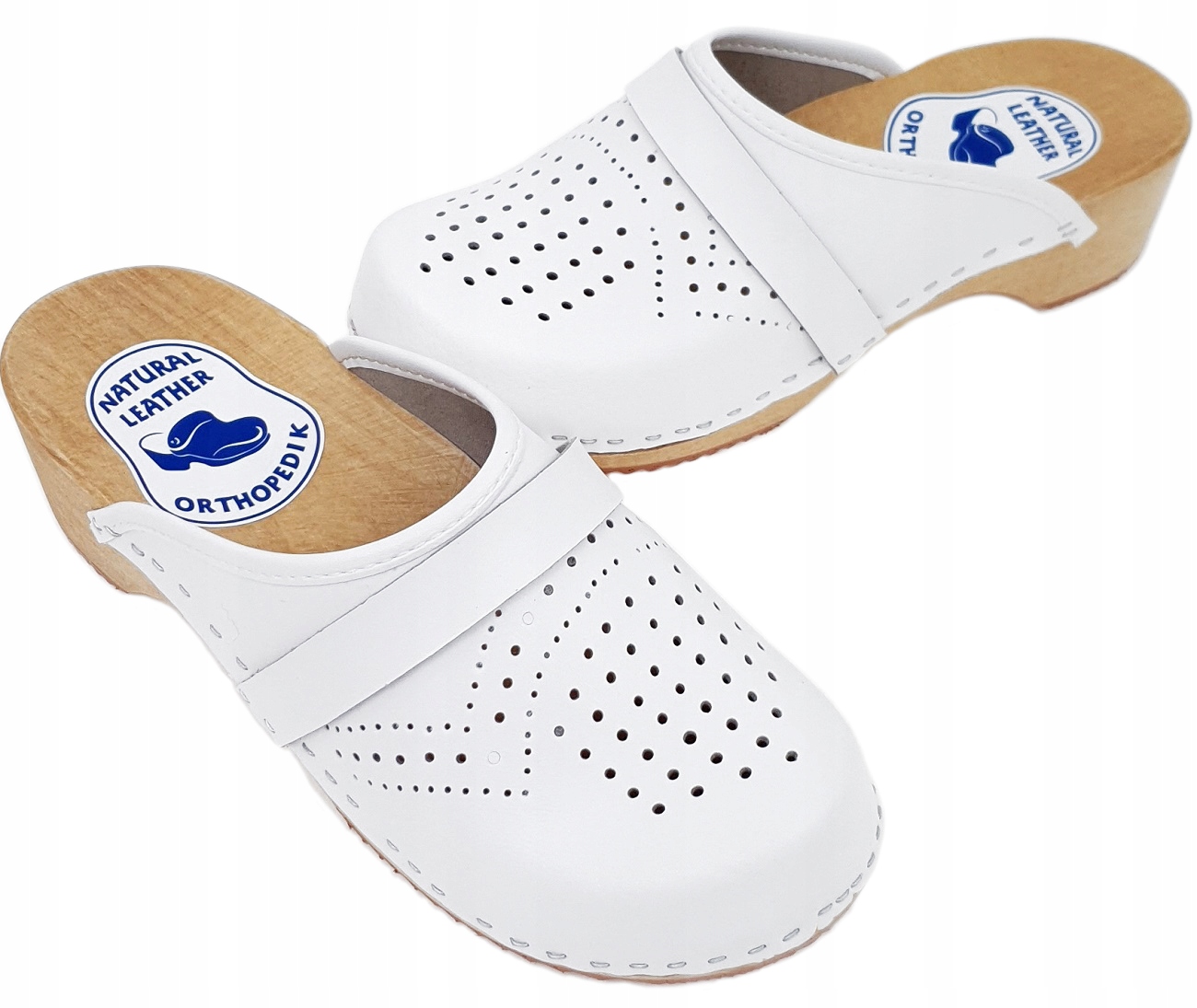 BIAŁE Drewniaki Pełne Ażurowe Skórzane Klapki Chodaki Damskie Medyczne *39* Długość wkładki 25 cm