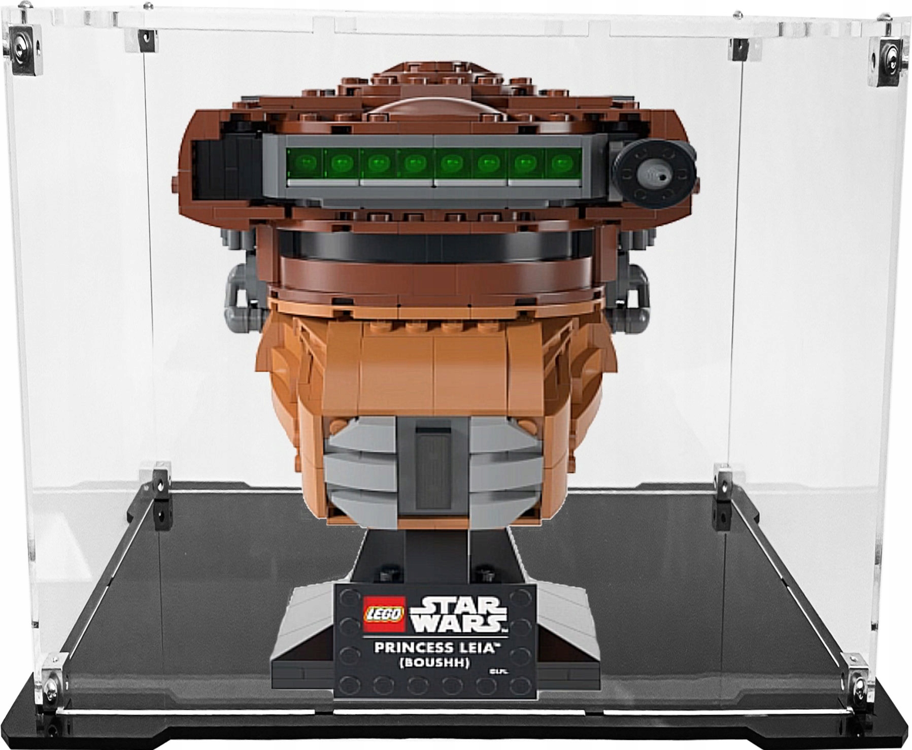 Vitrína s černou základnou pro stavebnici Lego 75351 Helma princezny Lei