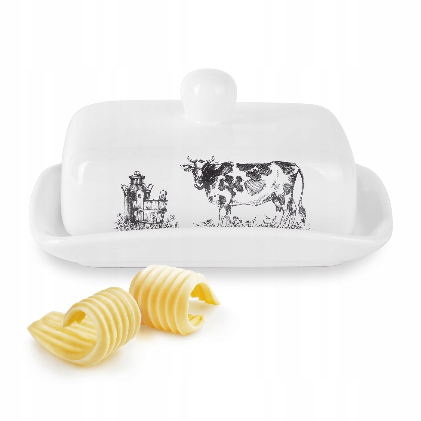 Biała MASELNICZKA pojemnik na masło maselnica CERAMICZNA wzór KROWA Country