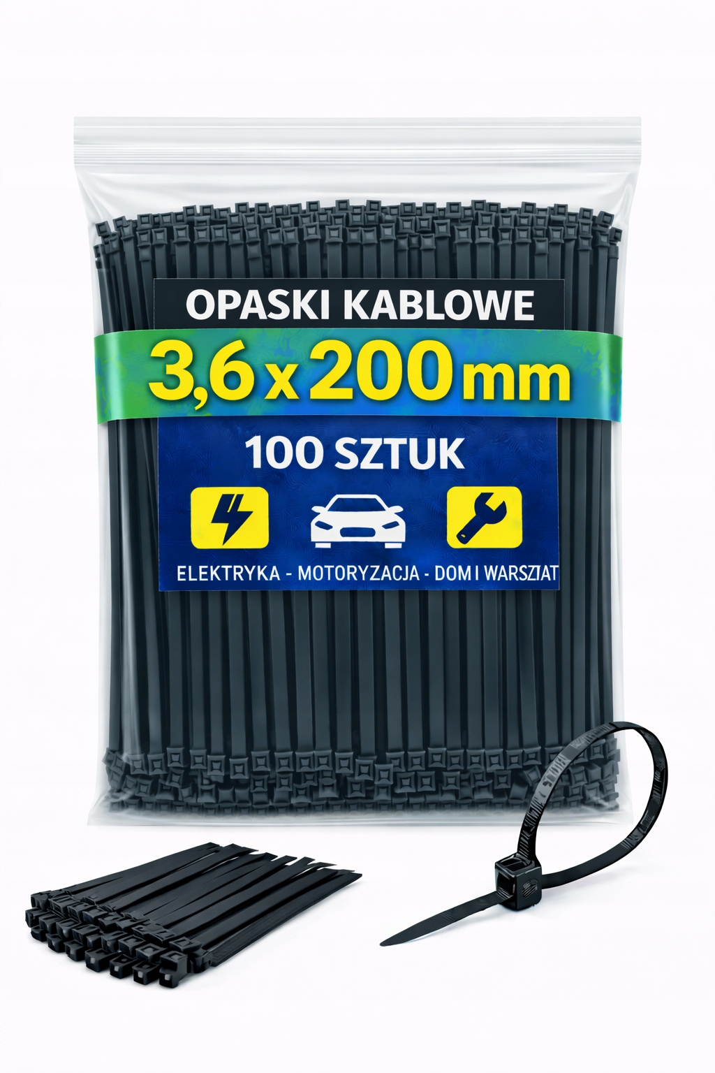 Czarne opaski zaciskowe 3,6×200 mm – mocne trytytki 100 szt.
