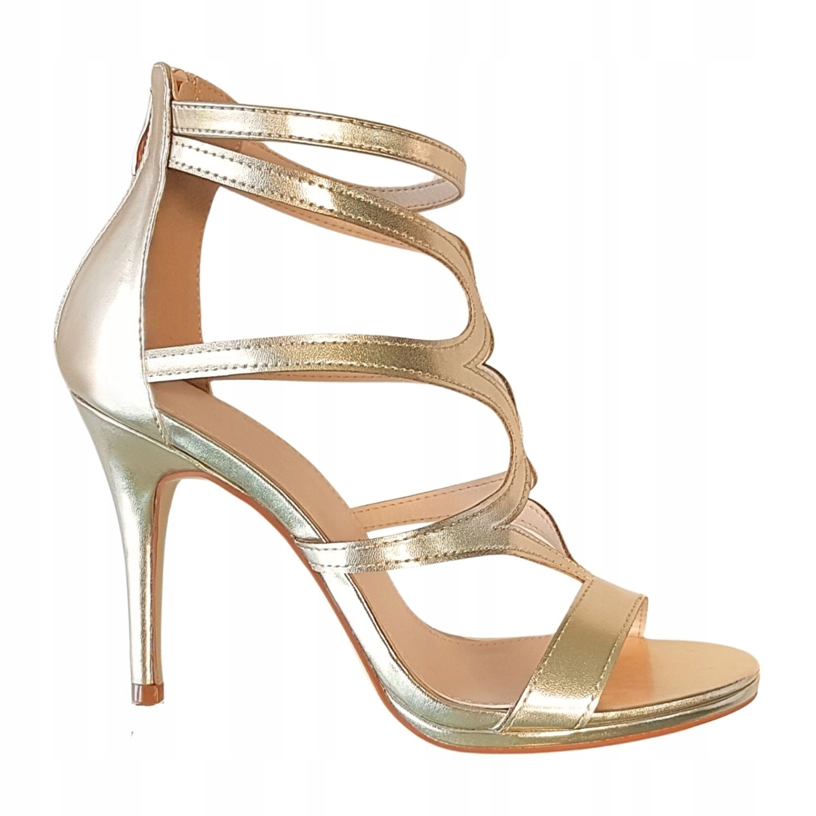 Złote Buty Sandałki Szpilki Ozdobne Wycinane Paski 39