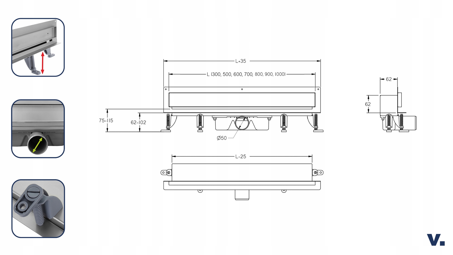 Odpływ liniowy ścienny VOGI pod płytkę - 50 cm Kod producenta Odpływ liniowy ŚCIENNY 50 PŁYTKA