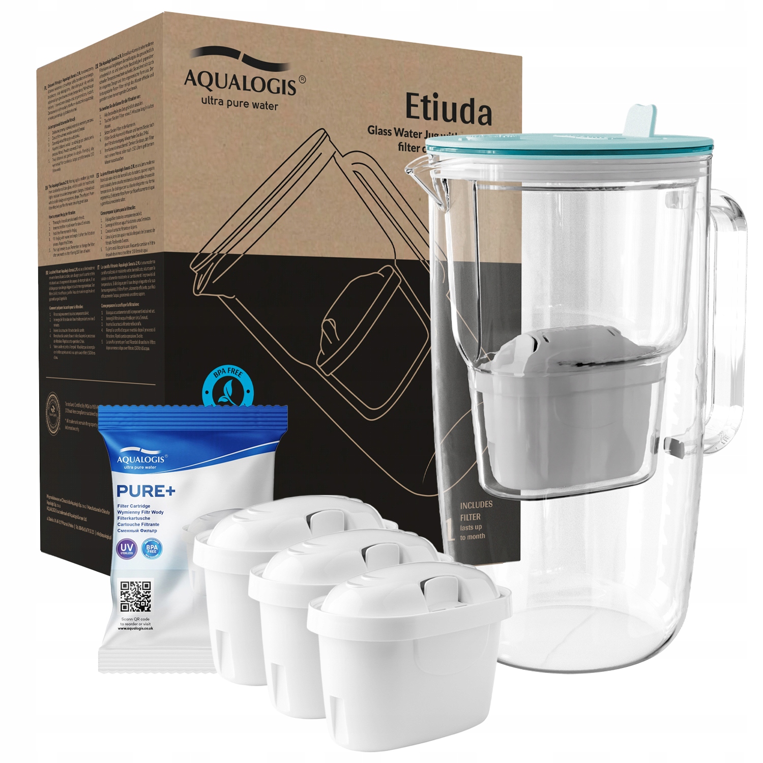 Dzbanek Filtrujący Szklany Filtry Do Wody Etiuda Aqualogis 3 wkłady Pure+