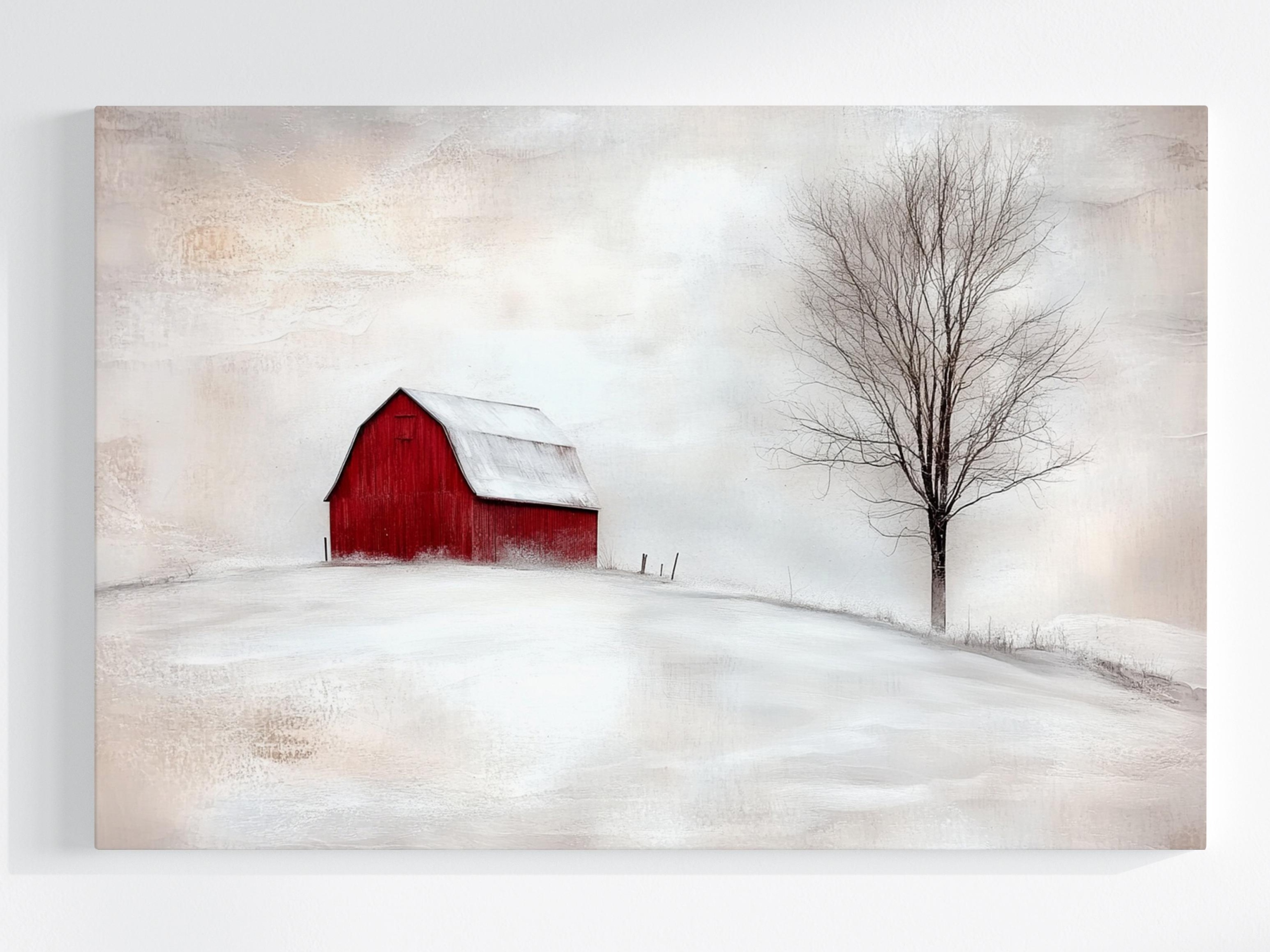 Obraz Na Plátně Canvas Pohled Na Strom Červená Stodola Zima Pustky 120x80