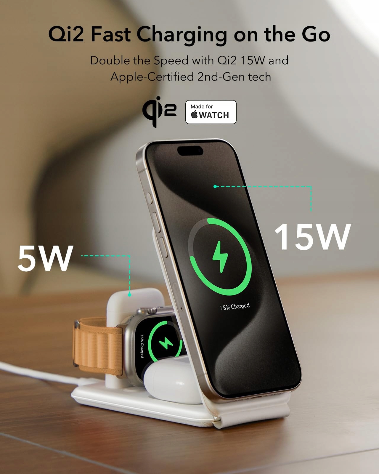 ESR Stacja Ładowania 3w1 Qi2 Do iPhone Watch AirPods 15W Biała — miniatura 2