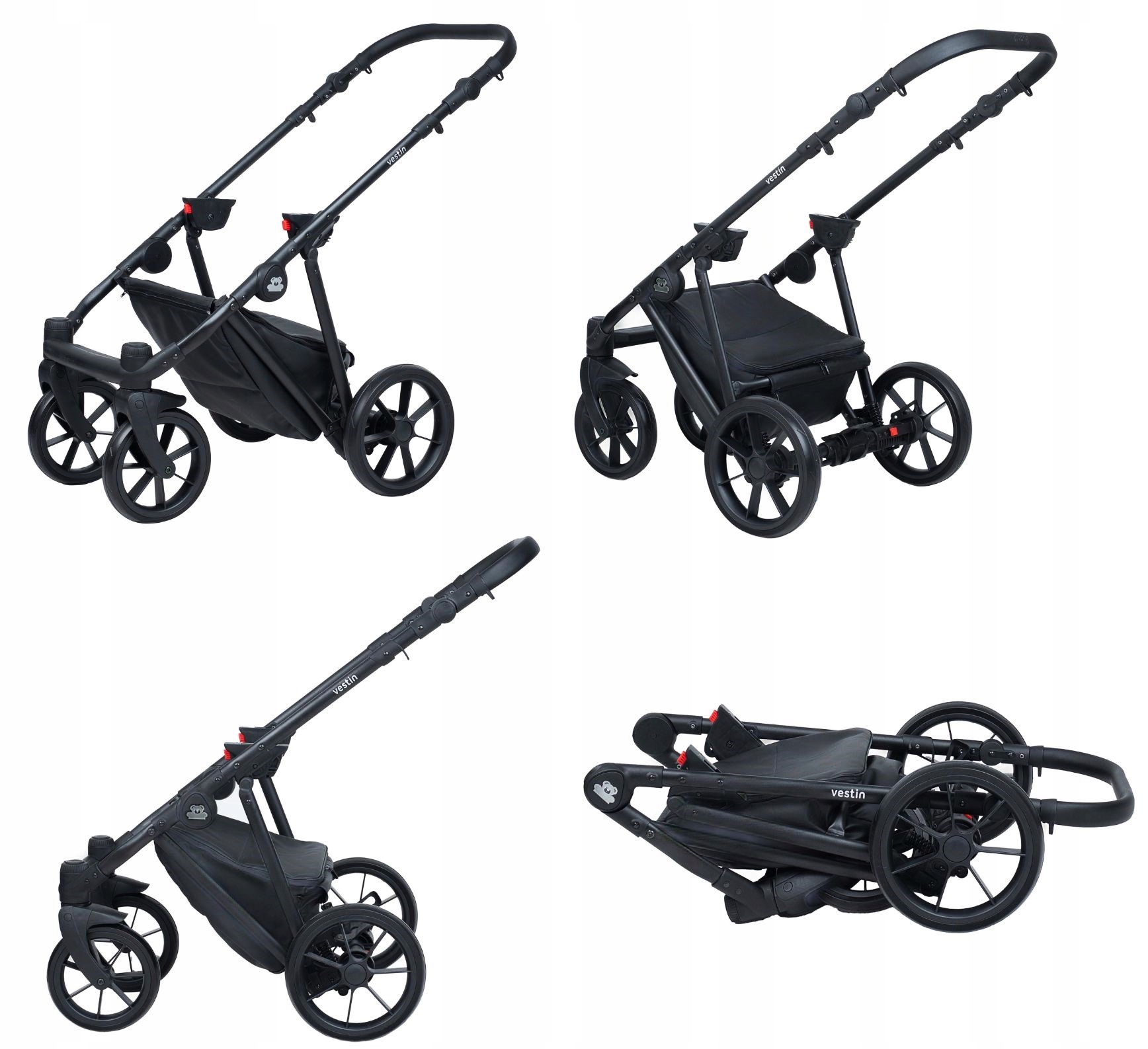 Vestin Black Wózek dziecięcy wielofunkcyjny 2w1+ECO Skóra Stelaż Metalowy Stalowy