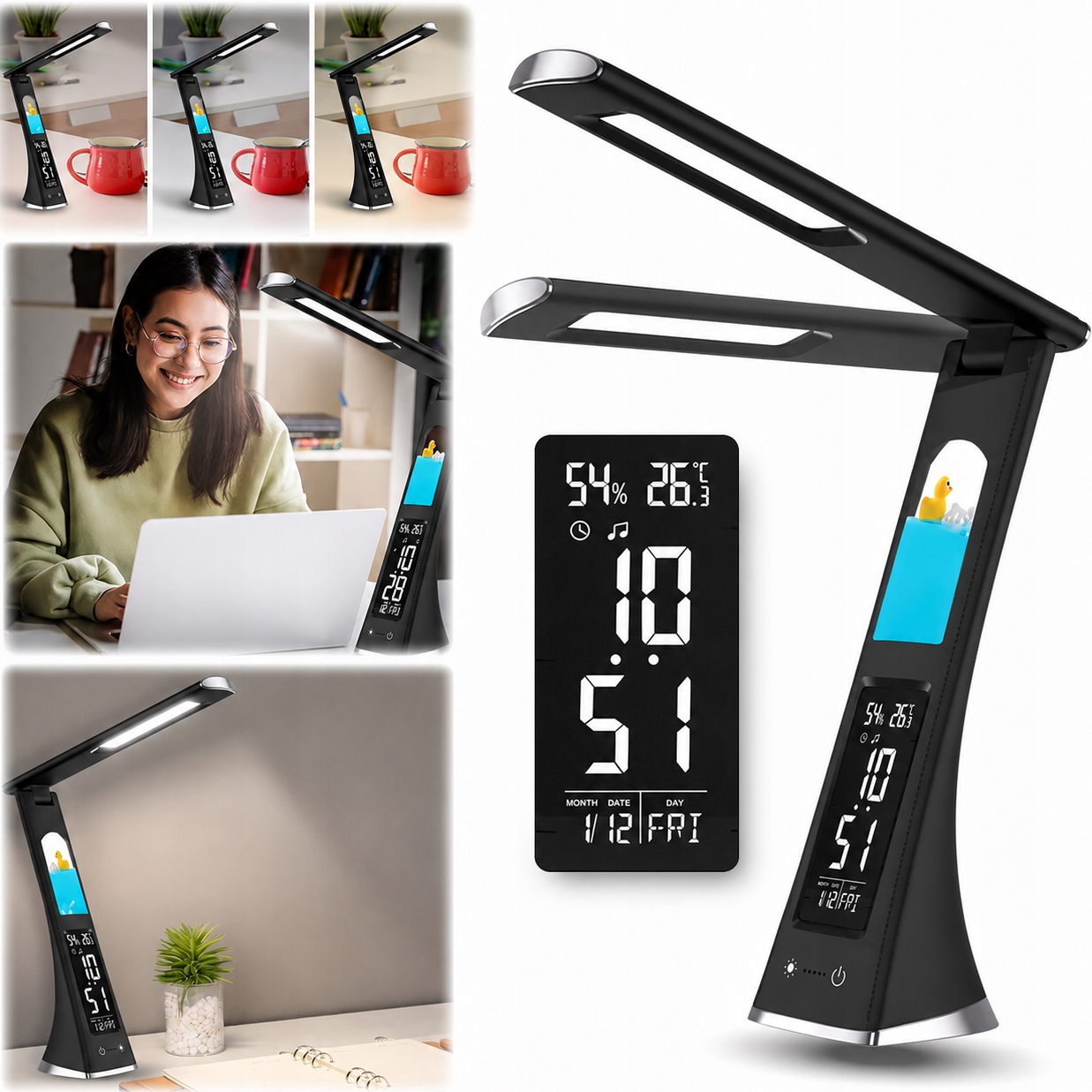 Skládací stolní lampa, noční lampa, Led hodiny s obrazovkou, černá s motivem