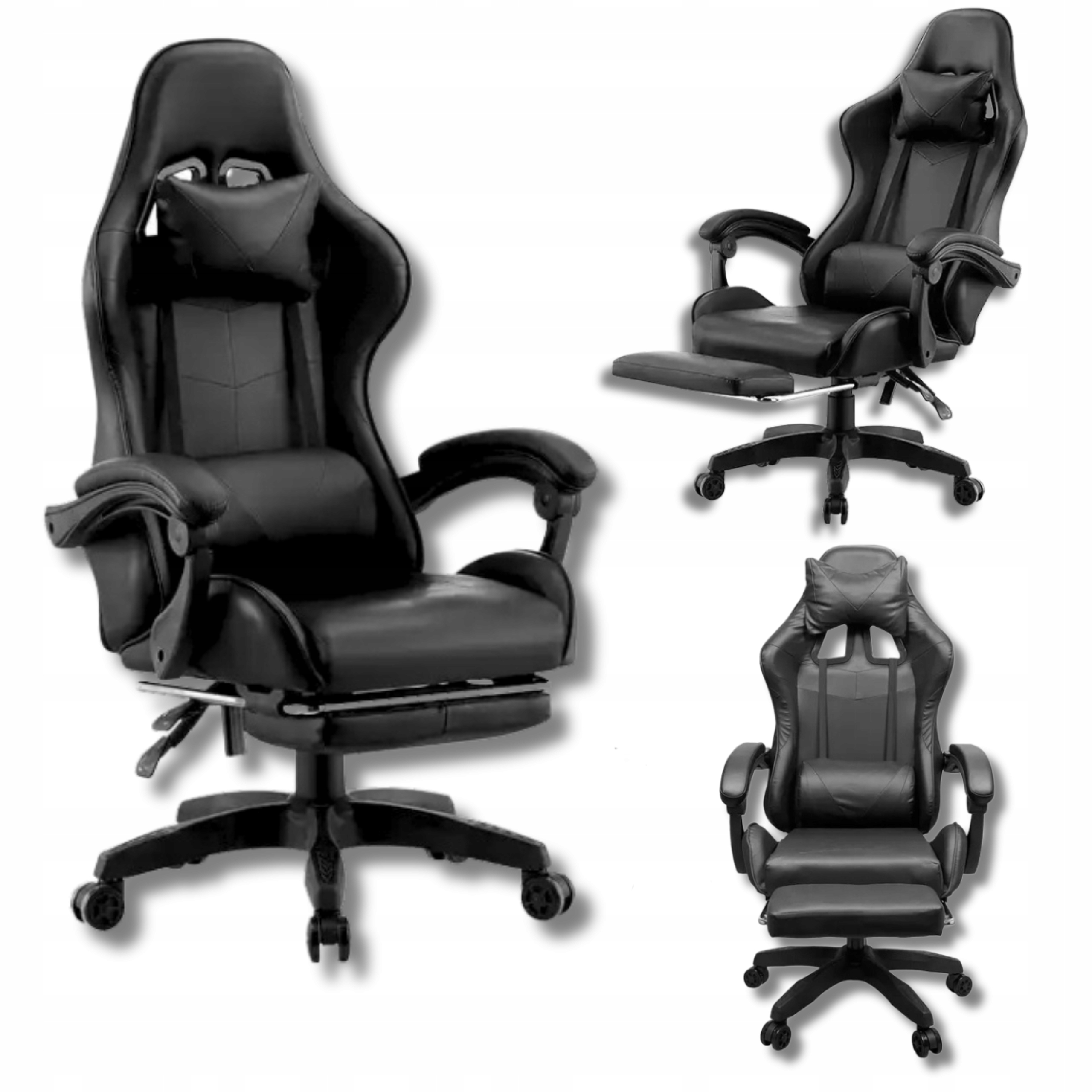 FOTEL KRZESŁO GAMINGOWY BIUROWY OBROTOWY KUBEŁKOWY GRACZA PODNÓŻEK CZARNY