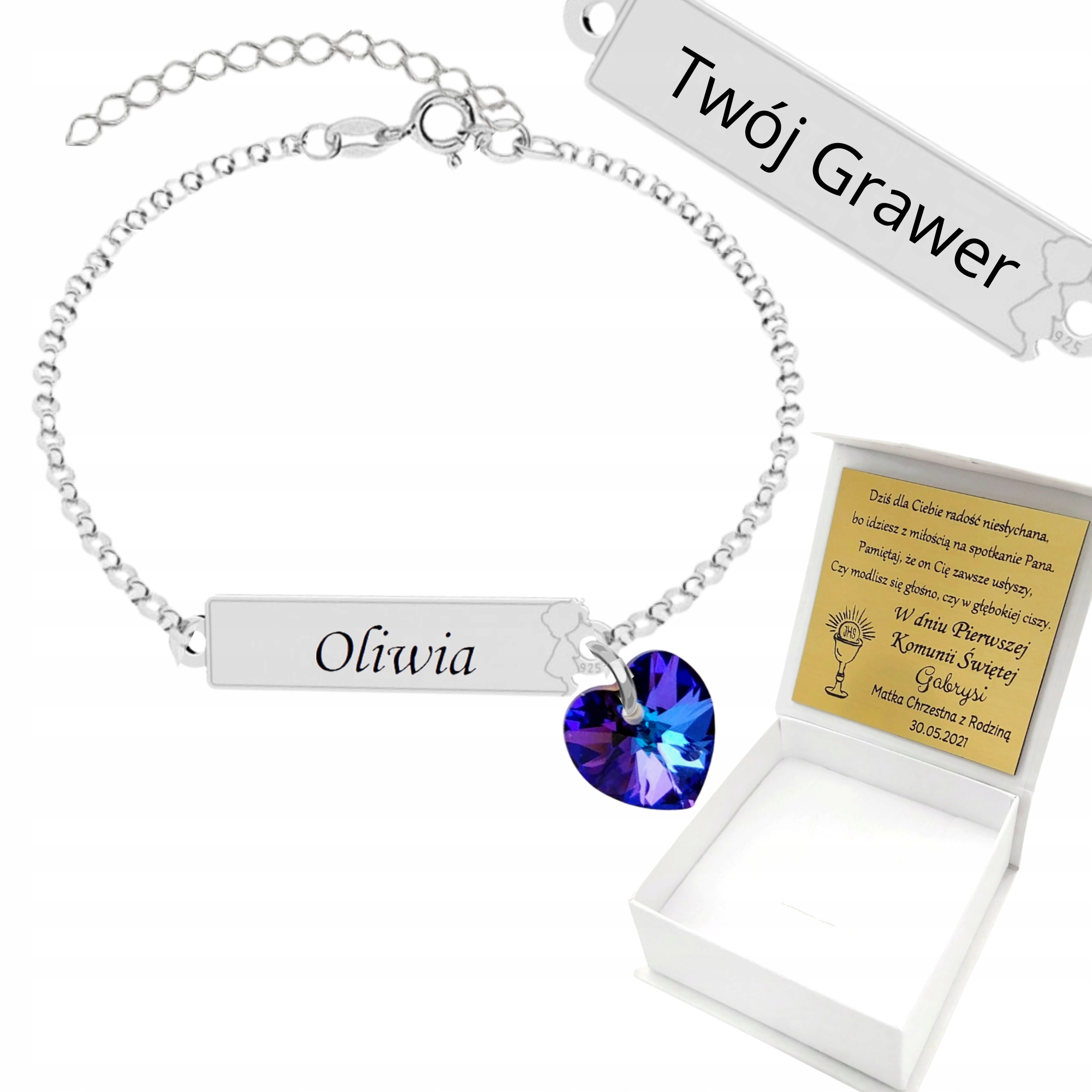 Náramek pro dívku Gravírování Svaté Přijímání Srdce Srdíčko Stříbro 925