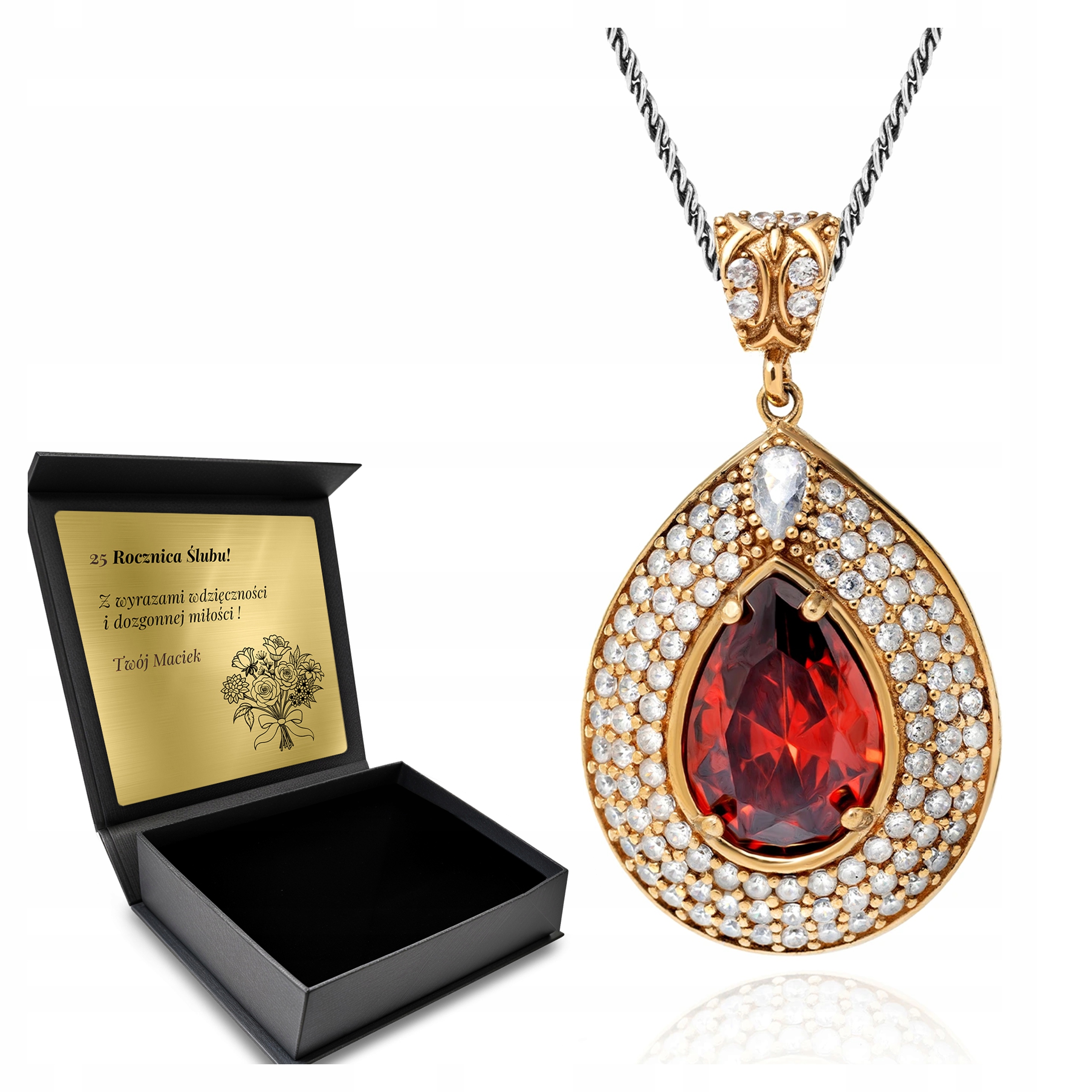 Stříbrný Náhrdelník 925 Zirkony Granátový Dárek pro ženu Gravírování