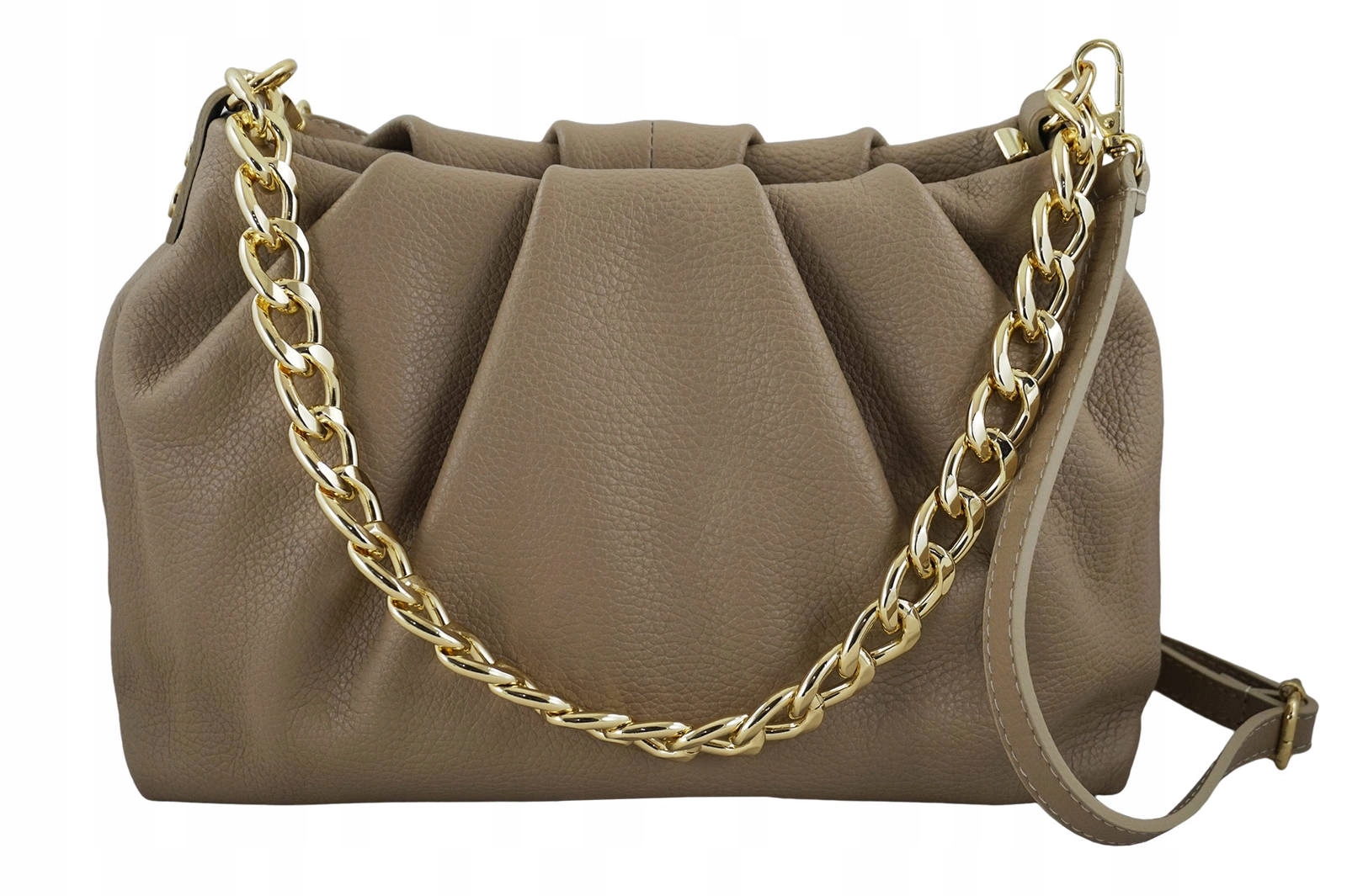 Marszczona torebka damska skórzana z łańcuszkiem Beżowa