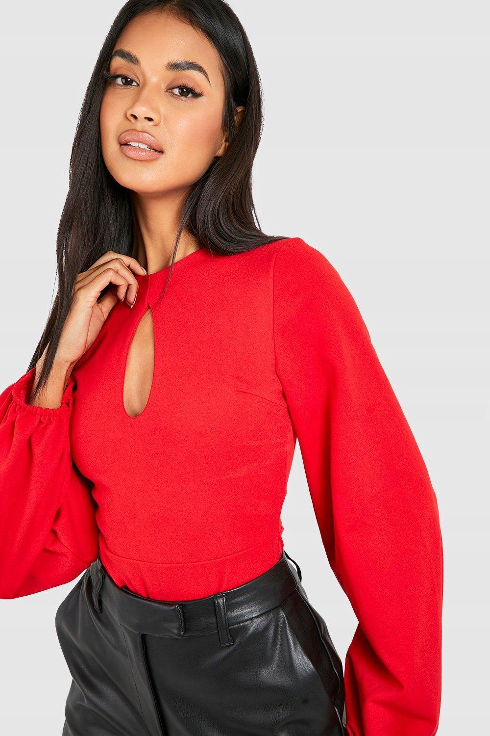 CZERWONE BODY ELEGANCKIE ZATRZASK WYCIĘCIE DŁUGI RĘKAW BOOHOO 36 Marka Boohoo