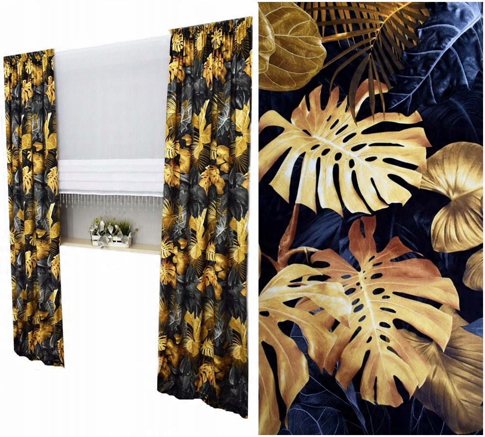 

Zasłona Metraż Velvet Plusz Monstera Złoto 150cm