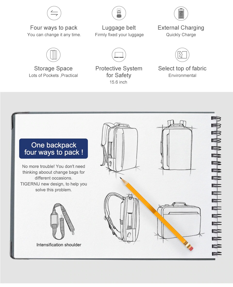 Plecak-Torba na laptopa T-B3639 15,6" TIGERNU Kolor czarny