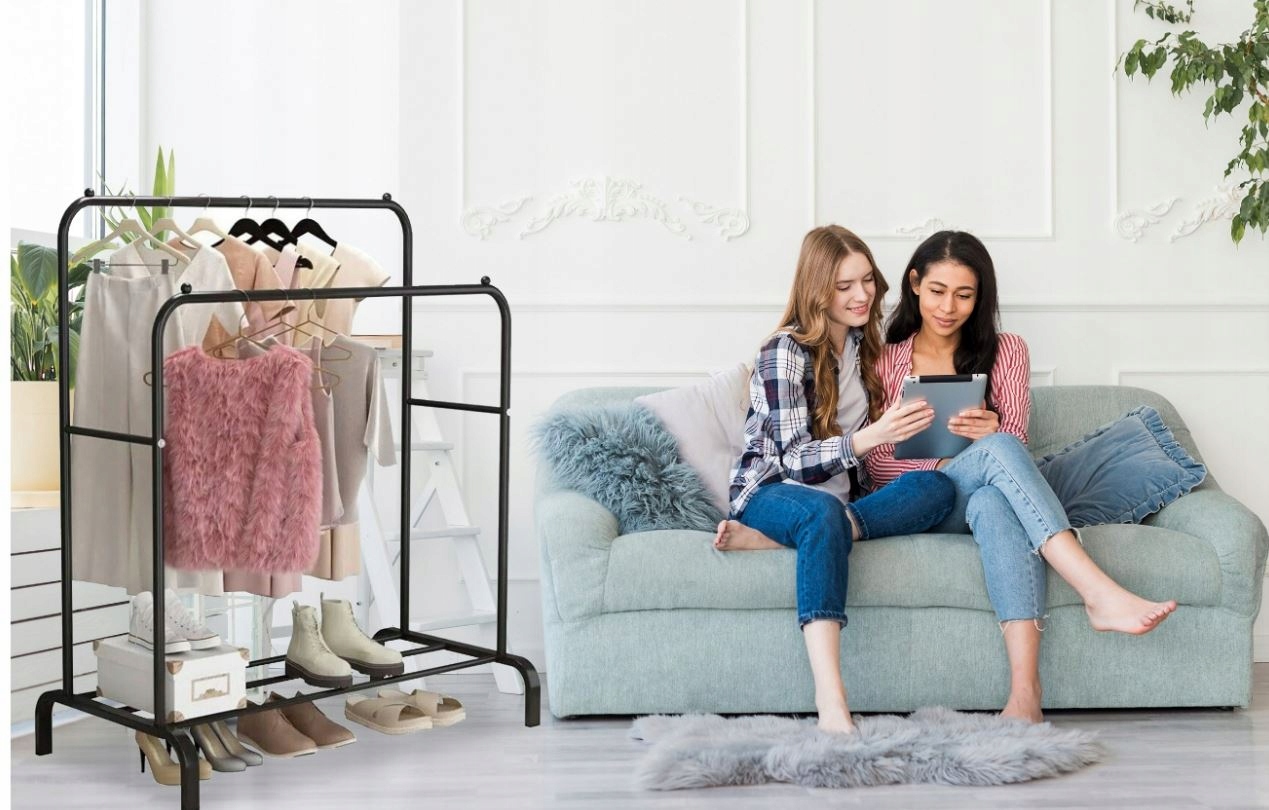 WIESZAK STOJĄCY NA UBRANIA BUTY PODWÓJNY STOJAK LOFT METALOWY CZARNY DUŻY Kolor mebla czarny