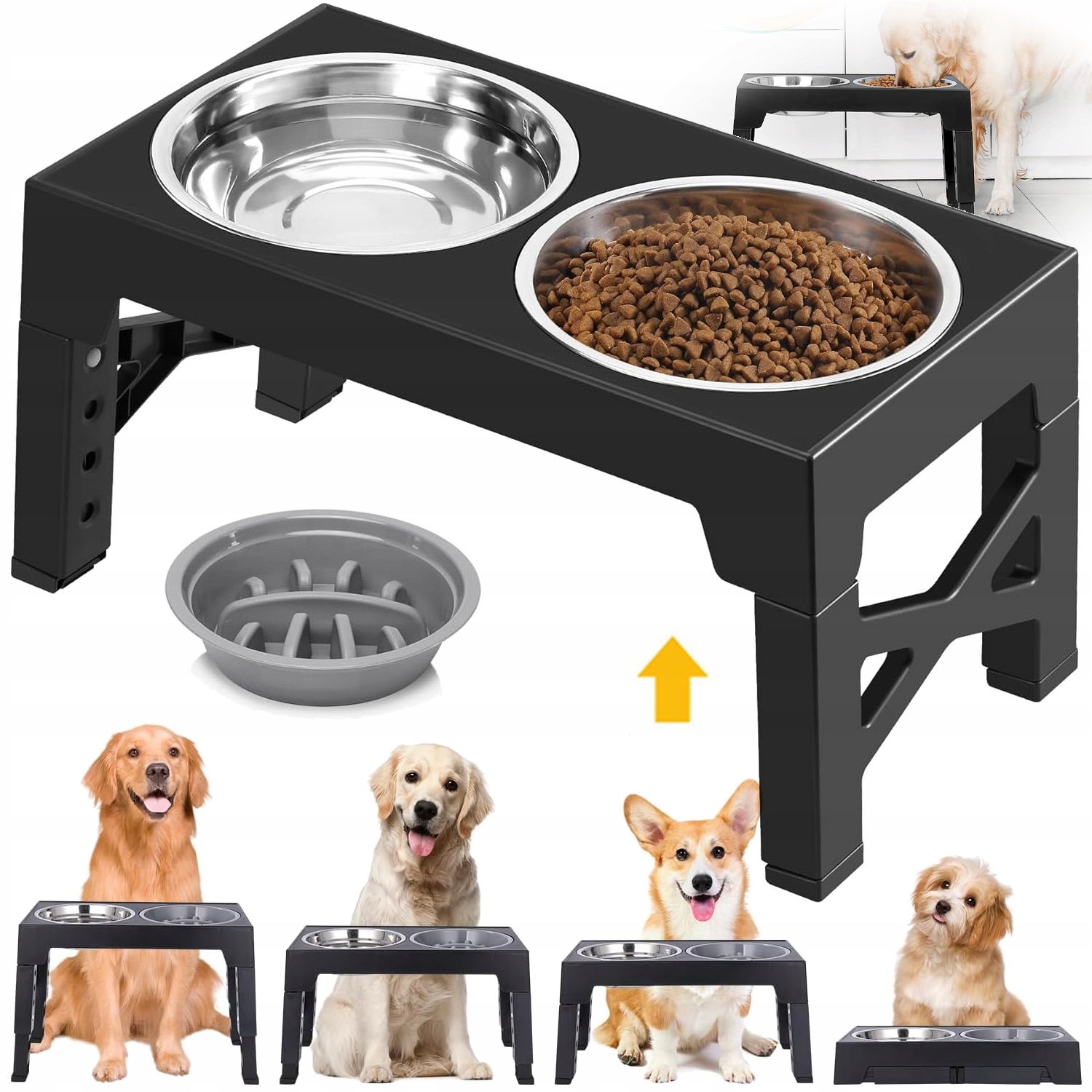Levně Stojan, Vyvýšený Stůl Pro Psa, Zpomalovací, Nastavitelný, S 3 Miskami 2V1