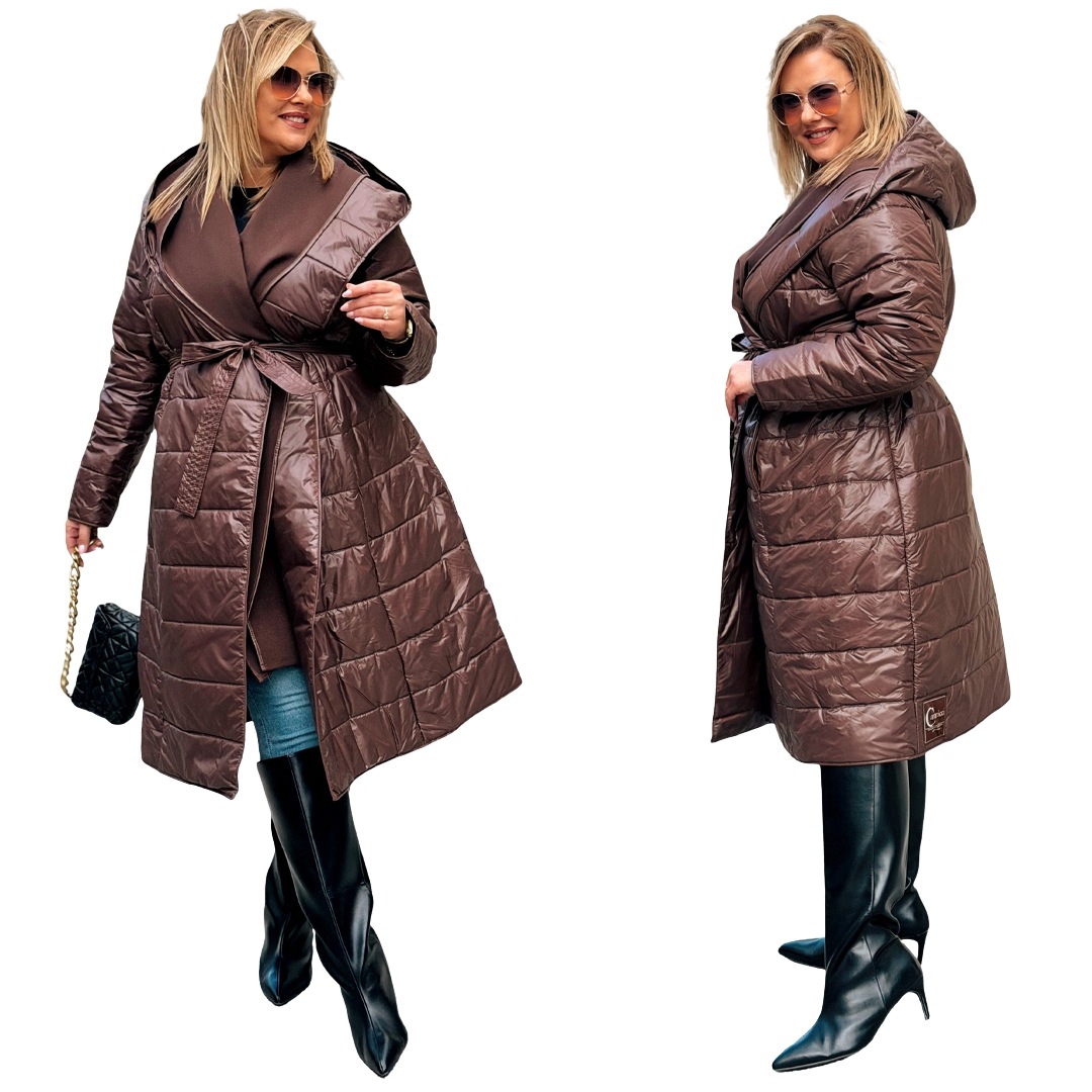 Prošívaný kabát se zavazováním s kapucí Plus Size Dlouhý Cavaricci Čokoláda 2XL