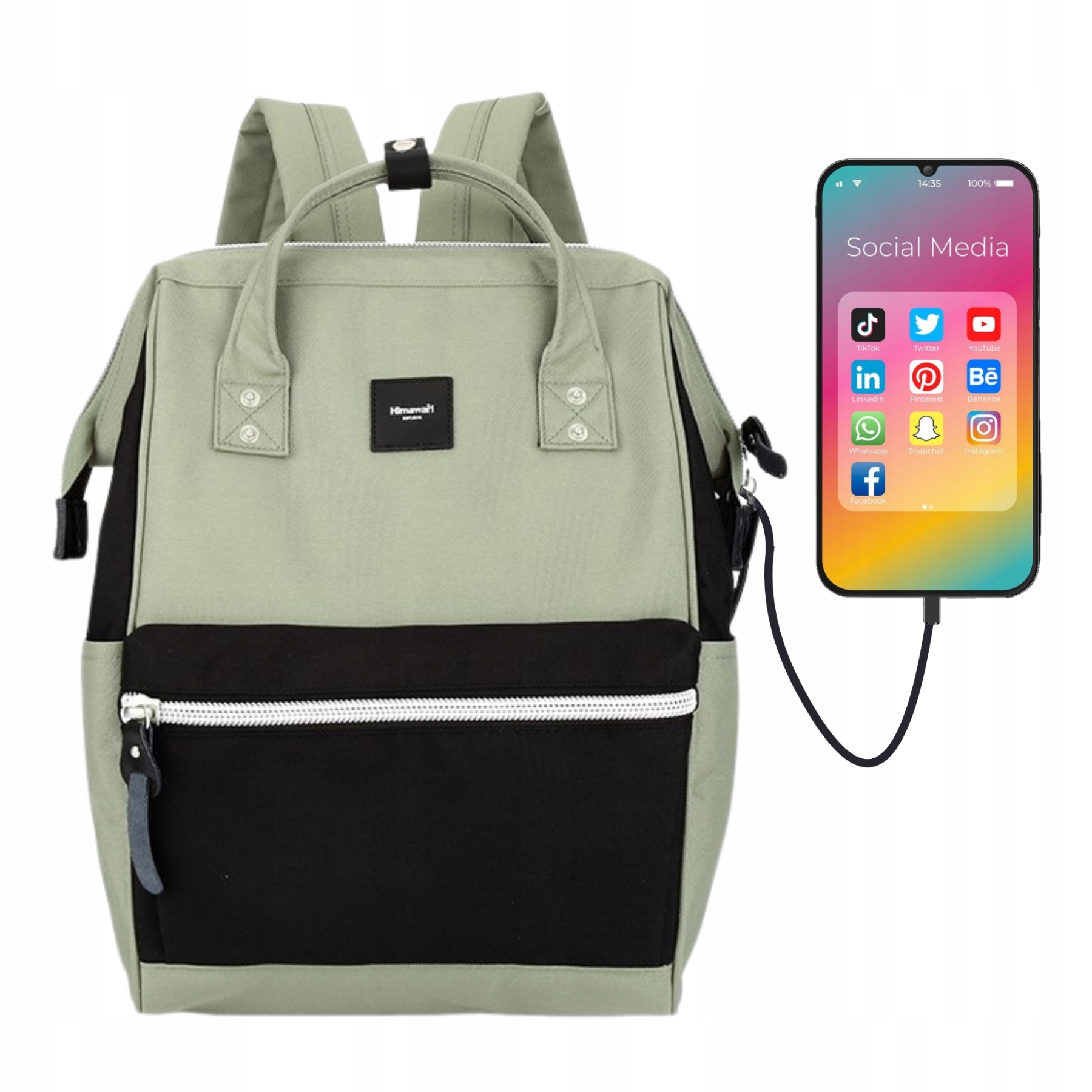 Himawari městský batoh do školy, školy, Usb port, módní, prostorný na vysokou školu
