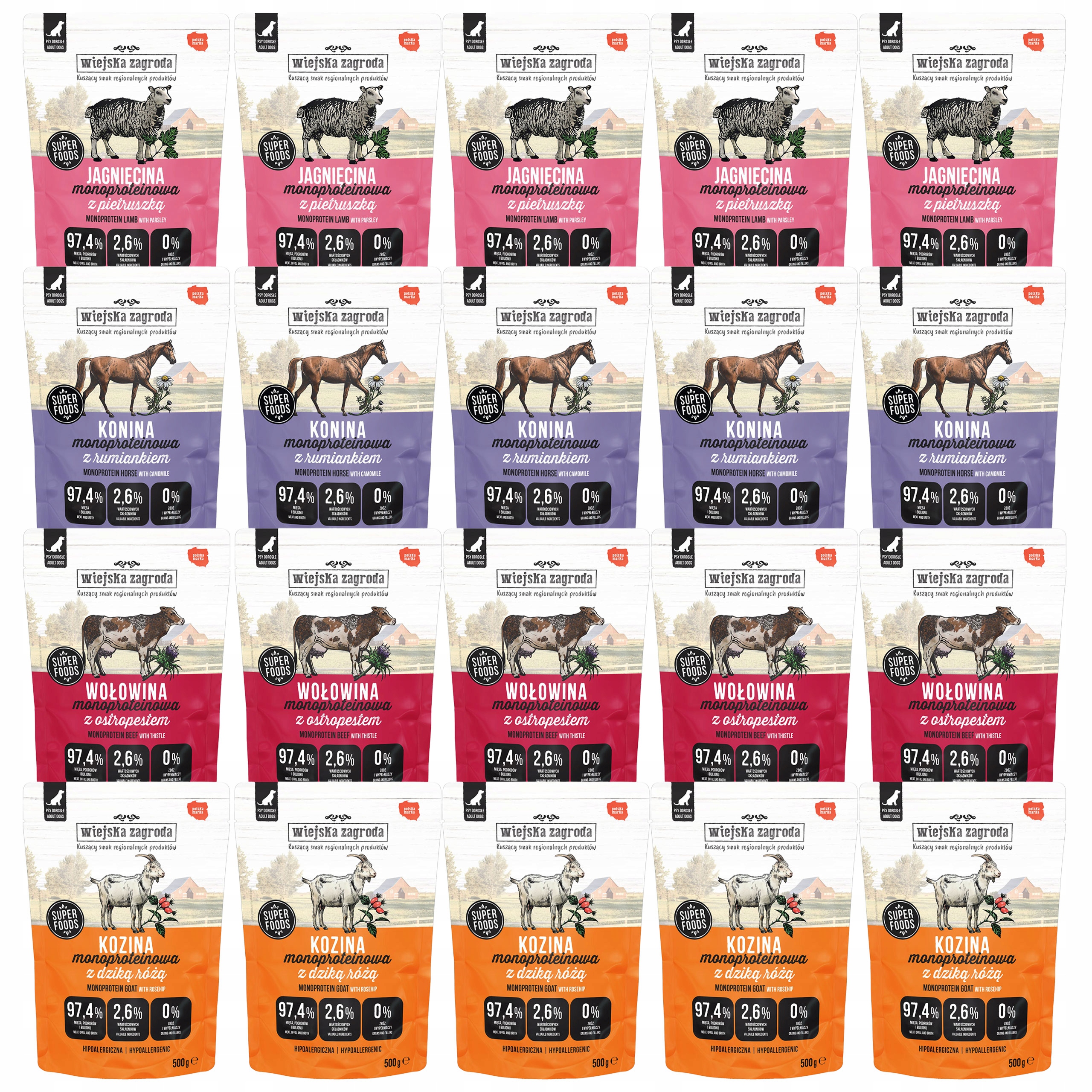 Wiejska Zagroda Monobiałkowa mokra karma dla psa mix smaków 20 x 500g