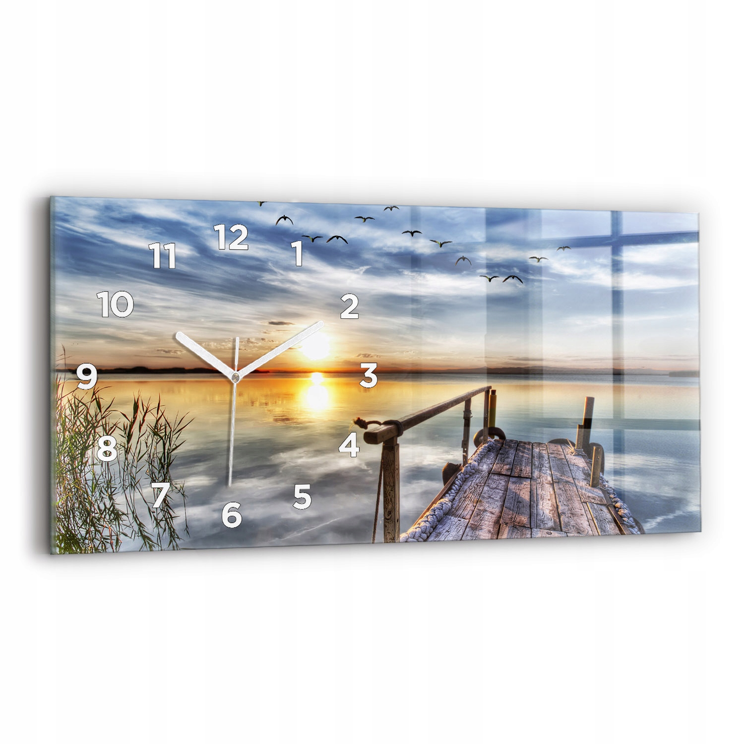 Dekorativní nástěnné hodiny s krásnou grafikou 60 cm x 30 cm Jezero Západ Slunce