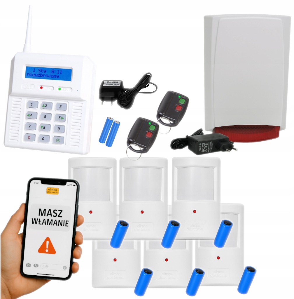 System Alarmowy Bezprzewodowy Elmes 6 Czujek Ruchu Gsm Sms Clip 2 Piloty