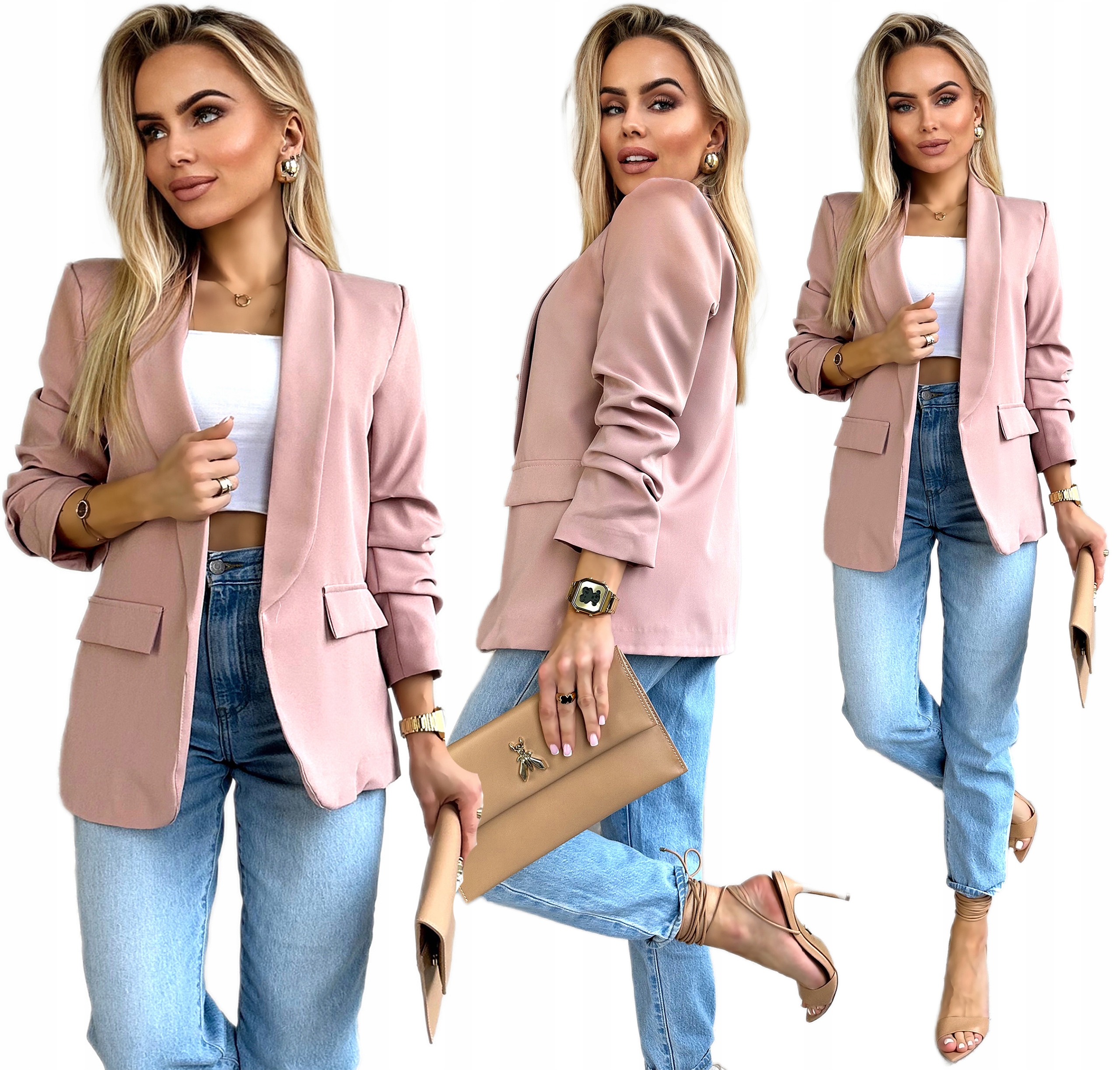 Pudrowy róż Marynarka Damska Żakiet drapowane rękawy 52 Plus Size