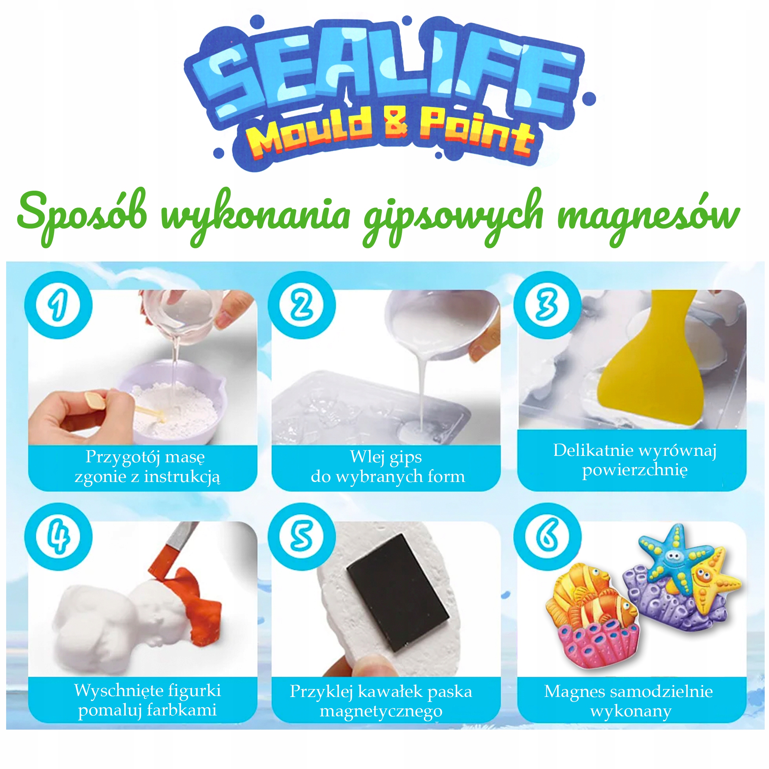 ZESTAW DO TWORZENIA FIGUREK GIPSOWYCH MAGNESÓW ZWIERZĘTA MORSKIE DIY 3D Wiek dziecka 6 lat +