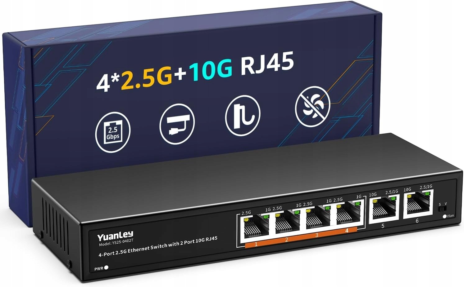 6-portowy przełącznik Ethernet 4 porty Base-T 2,5 G, 2 porty RJ45 10 Gb