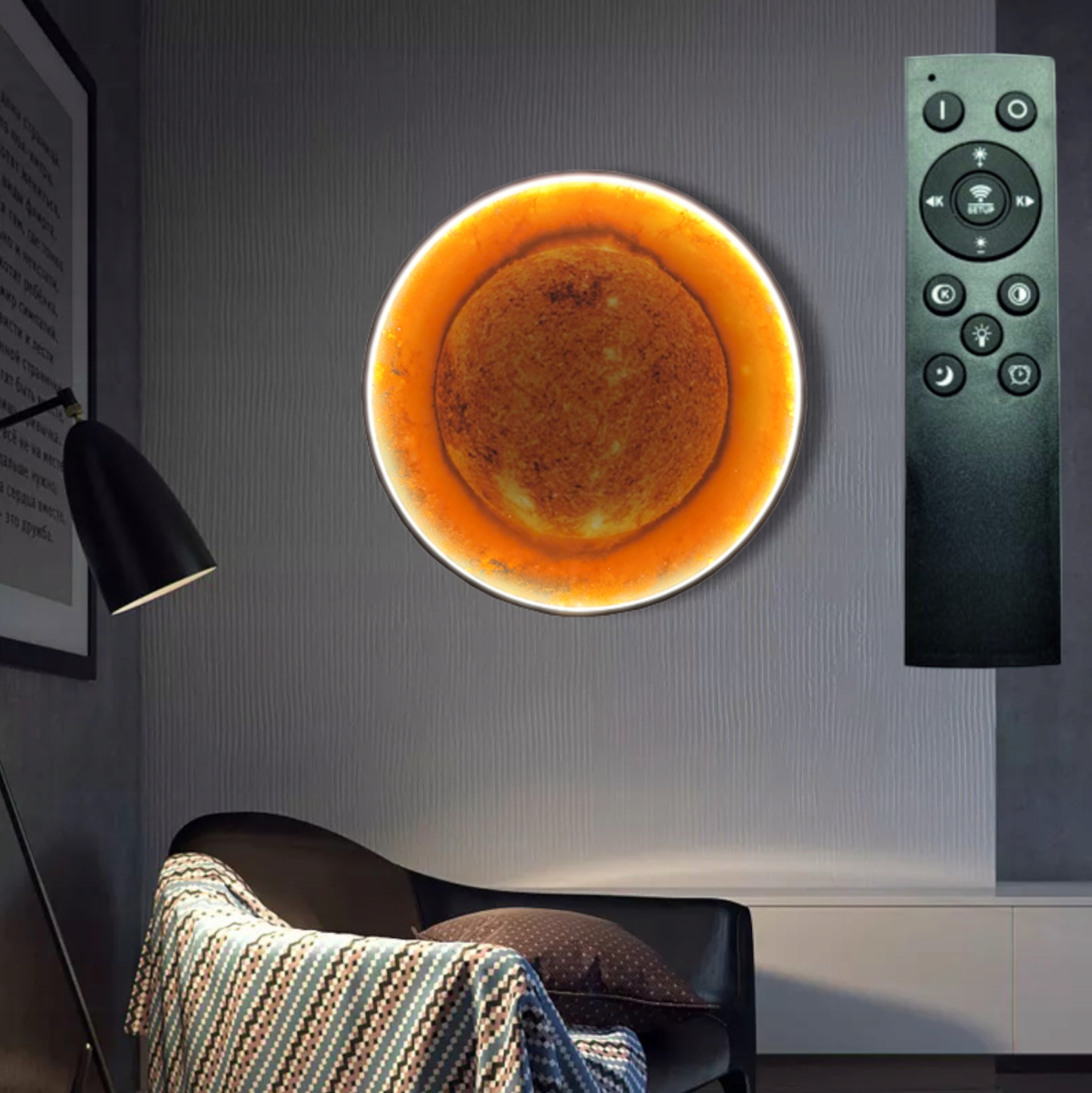 Stropné Svietidlo Led lampa na stenu okrúhla dekoratívna Slnko 60 cm Sun 3D diaľkový ovládač