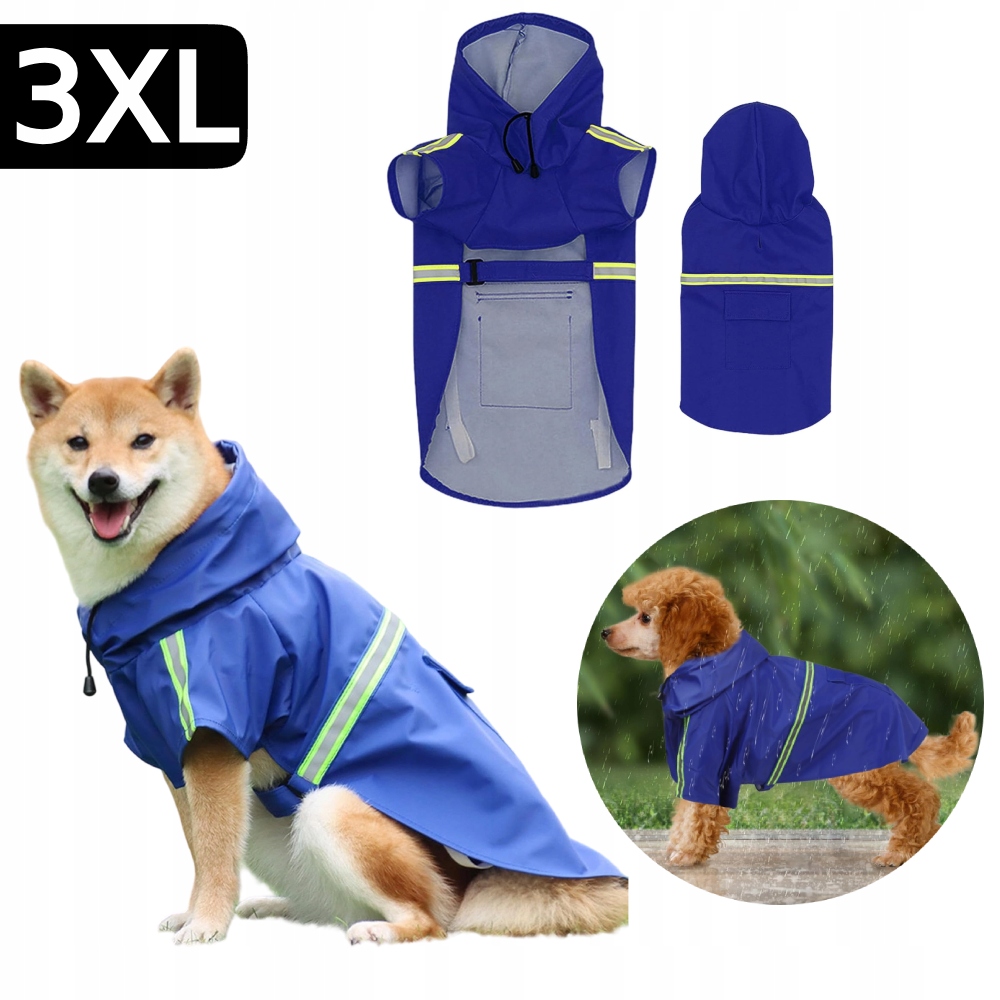Levně Psí pláštěnka do deště s kapucí, reflexní, nastavitelná, voděodolná, modrá, 3XL