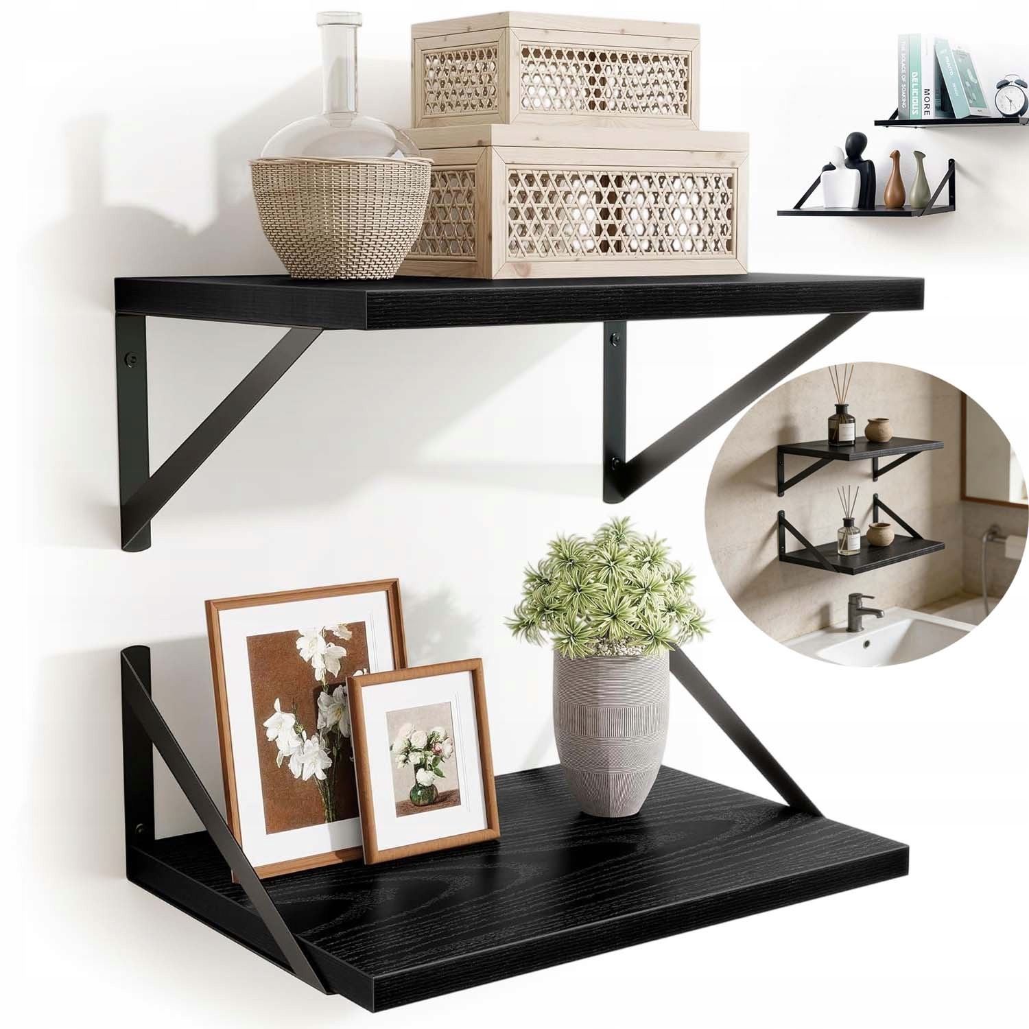 Półka Wisząca Ścienna Regał Na Książki Do Salonu 40*30*15CM Czarna 2 Szt