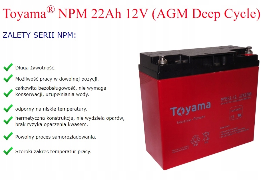 Akumulator AGM Toyama NPM22-12V do echosondy Kod producenta NPM22-12