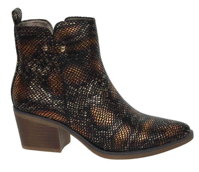 Nízké kovbojské boty kotníkové boty M.Daszyński , hnědá hadí kůže, špičatý podpatek, velikost 38