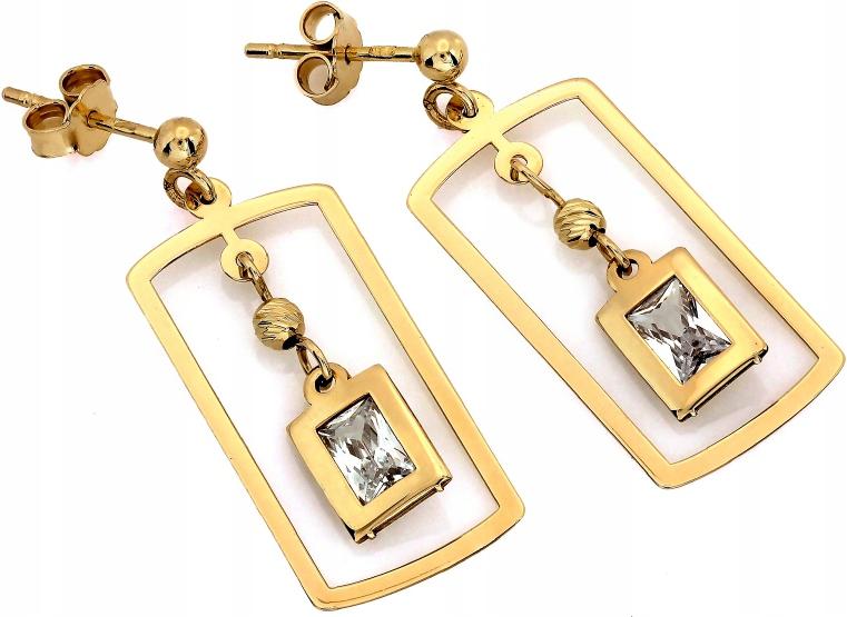 Zlaté náušnice 585 se závěsnými obdélníky a zirkonem pro elegantní šroubky