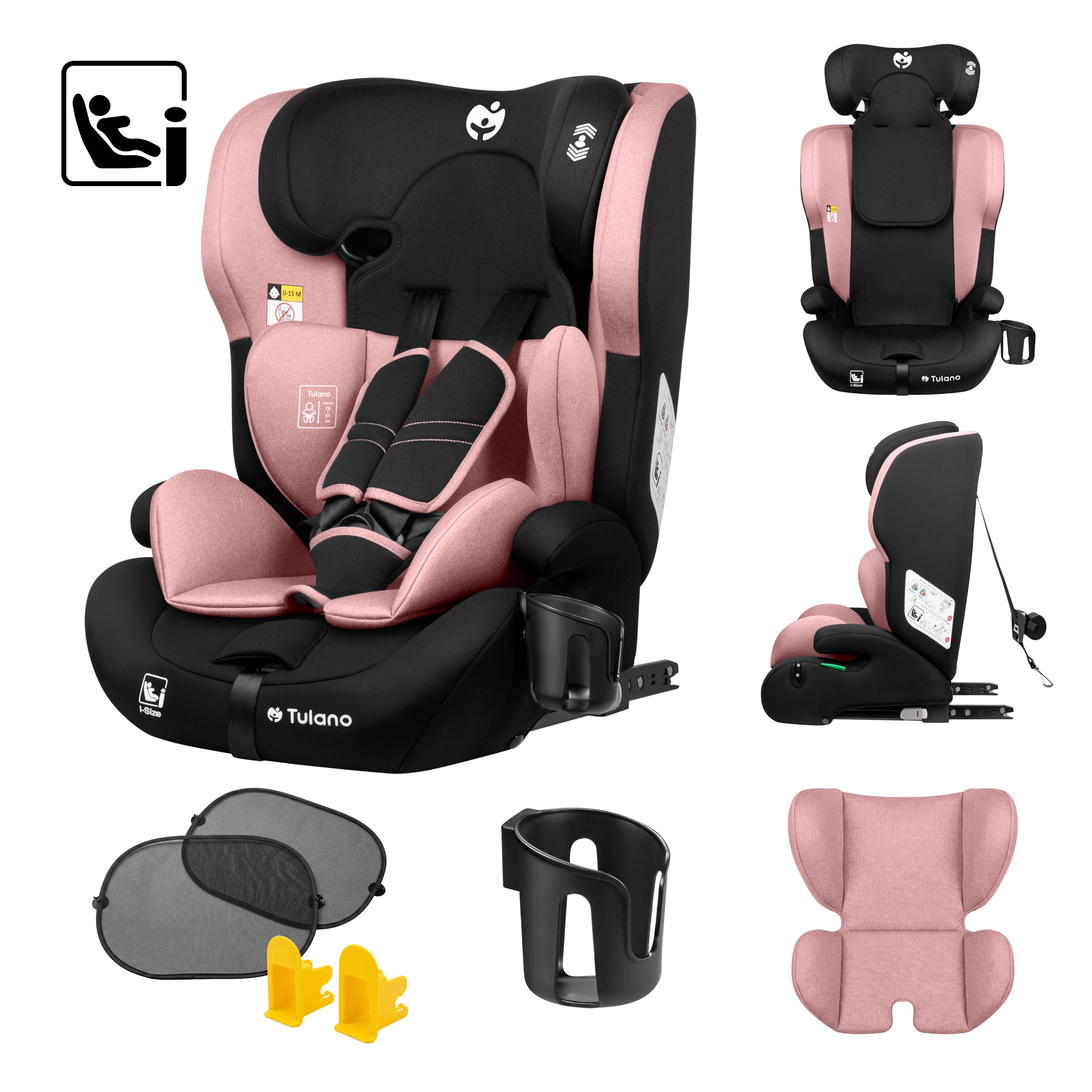 Fotelik samochodowy Isofix Tulano Różowy i-Size 9-36kg 76-150cm Top Tether