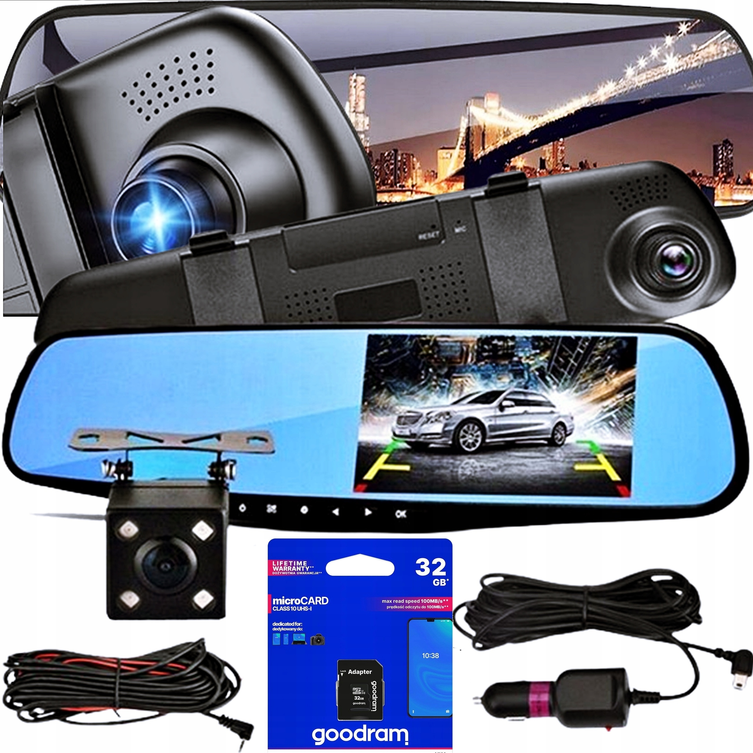 Kamera Automobilová Rekordér Zrcátko Videorekordér Couvání KARTA32GB