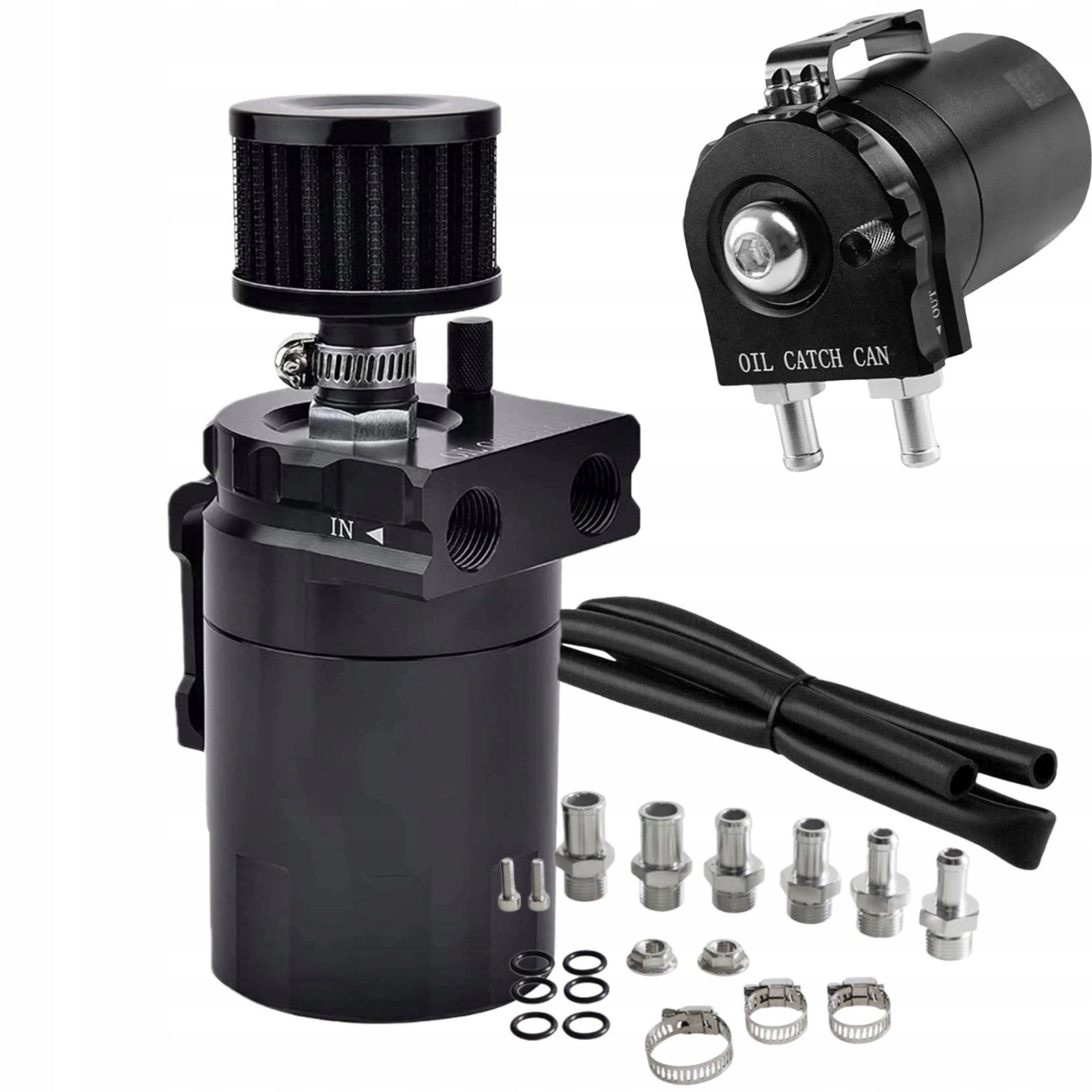 Oil Catch Tank Black Odlučovač oleje Sada s filtrem Krátké 11 mm/13 mm/15 mm