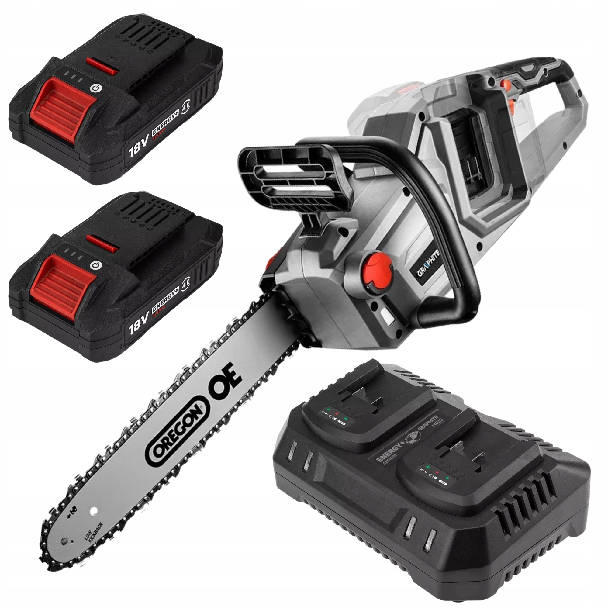 Pilarka Piła Łańcuchowa Mocna 36V 2x Akumulator 4 Ah Ładowarka Graphite