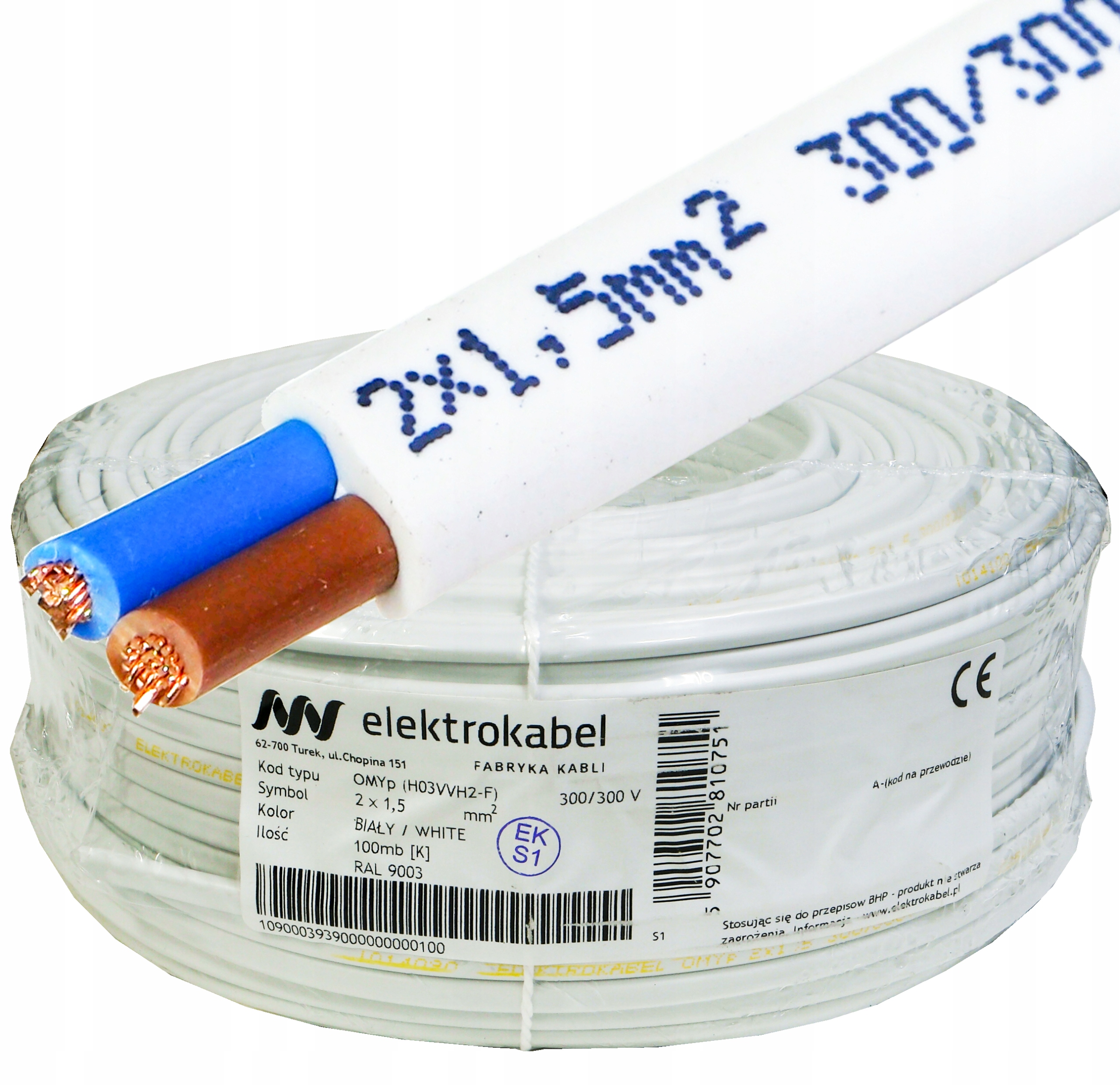 Medený kábel OMYp 2x1,5 mm Linka Cu plochá biela 100 m